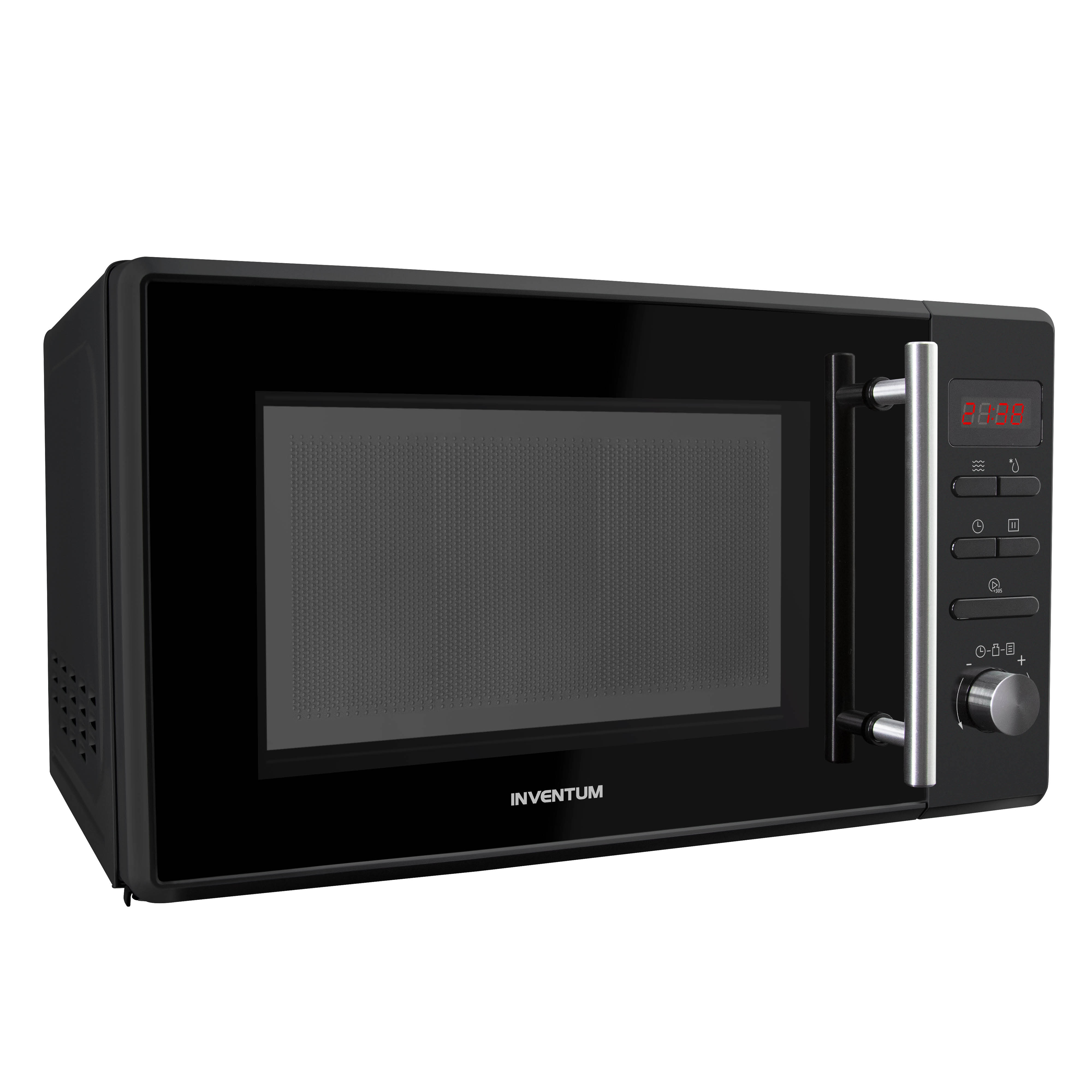 Black Inventum microwave with digital display, vertical silver handle, and control panel on the right.