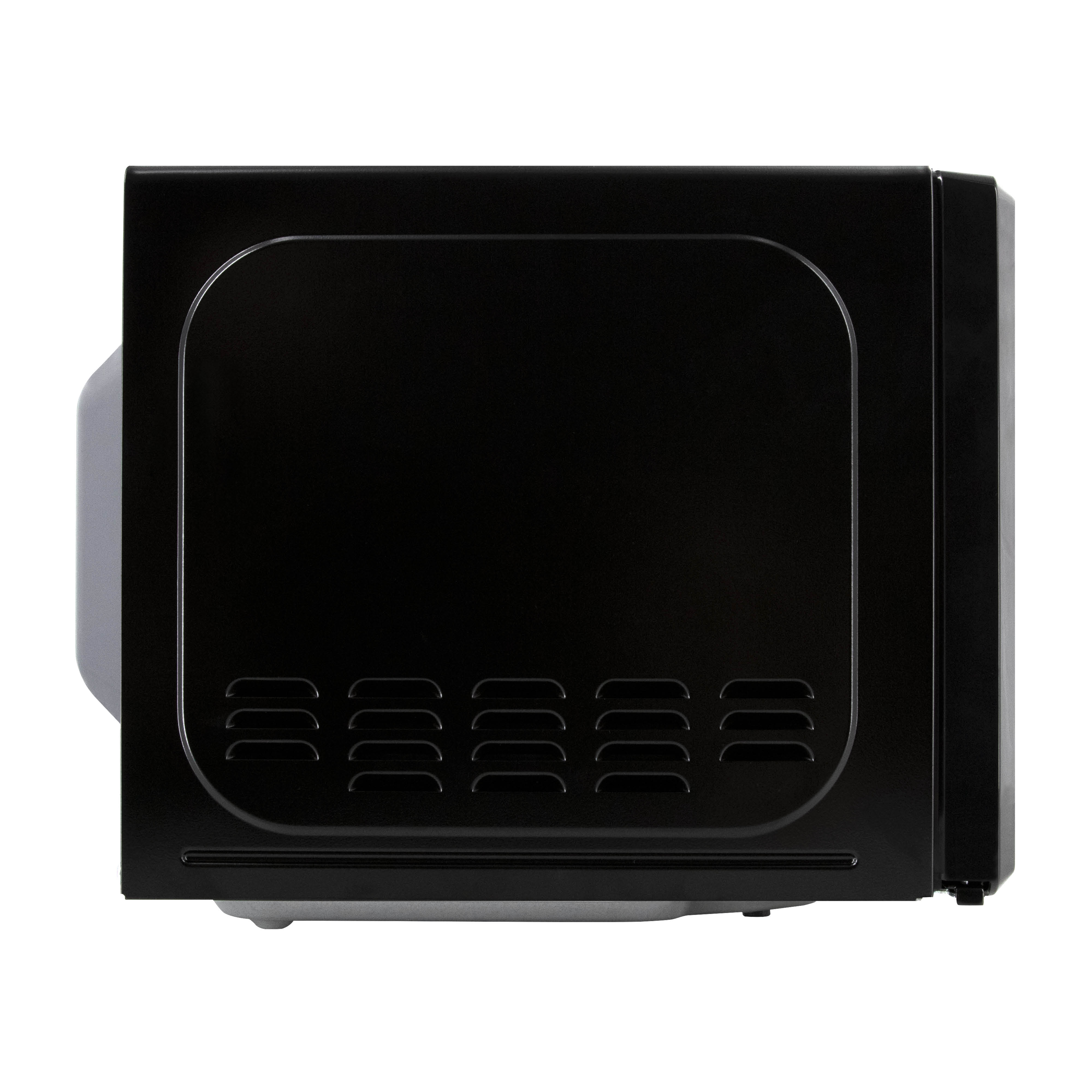 Side view of a black microwave with ventilation slots at the bottom, isolated on a white background.