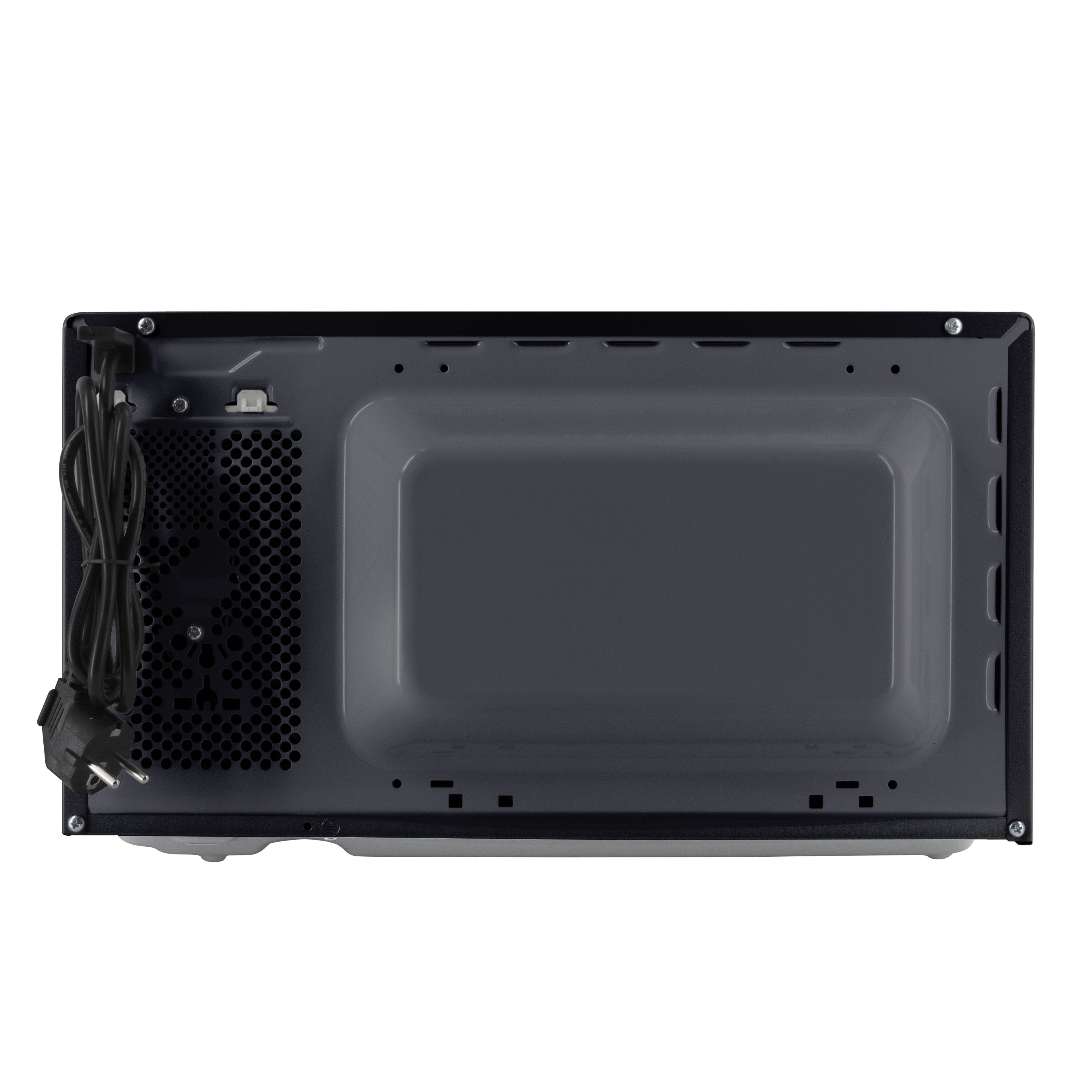 Back of a black microwave with ventilation grille and coiled power cord on the left.