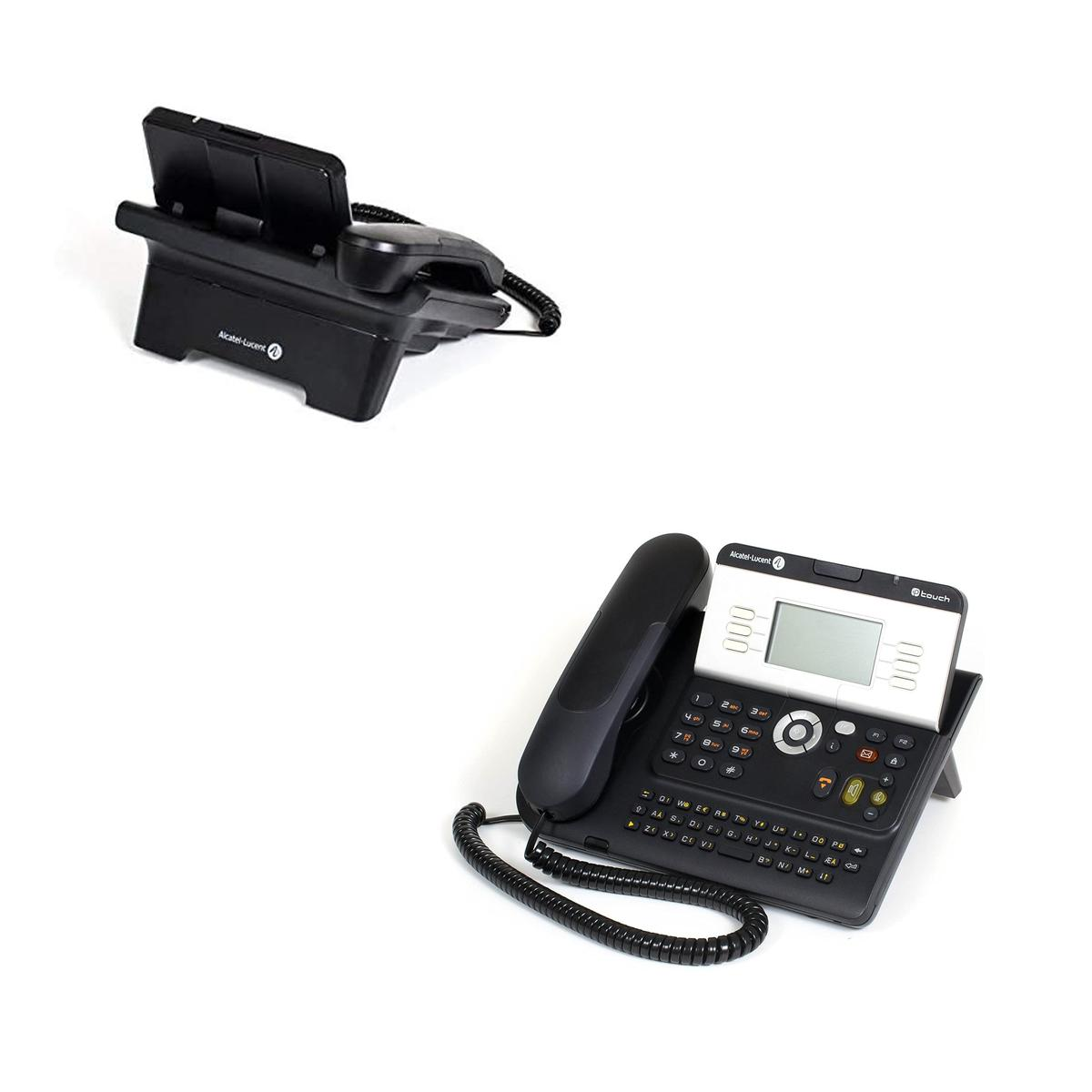 Un telefono da ufficcio nero Alcatel-Lucent con schermo e tastiera, da due angolazioni su sfondo bianco.