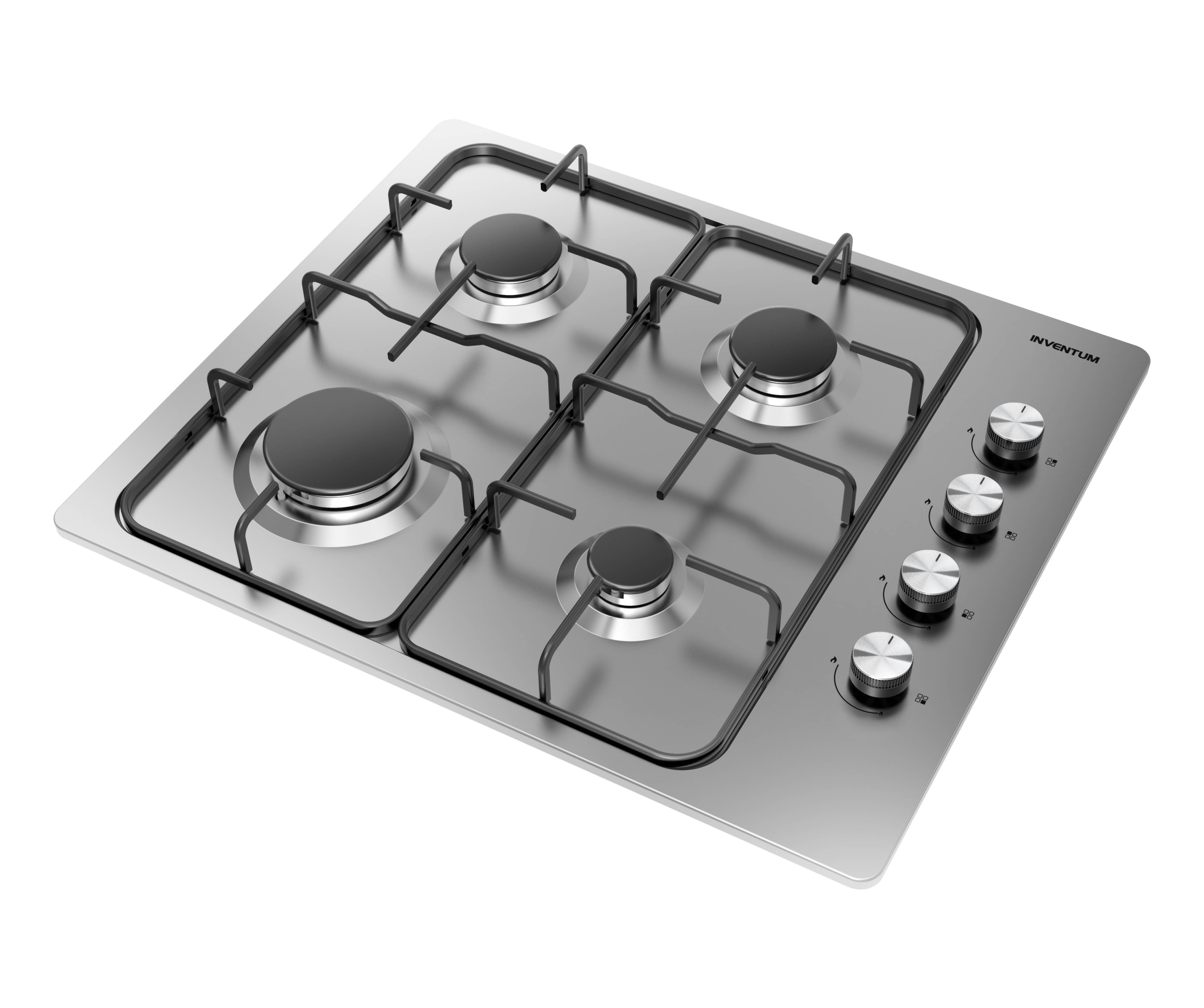 Stainless steel gas hob with four black burners, cast iron grates, and four round control knobs on the right.