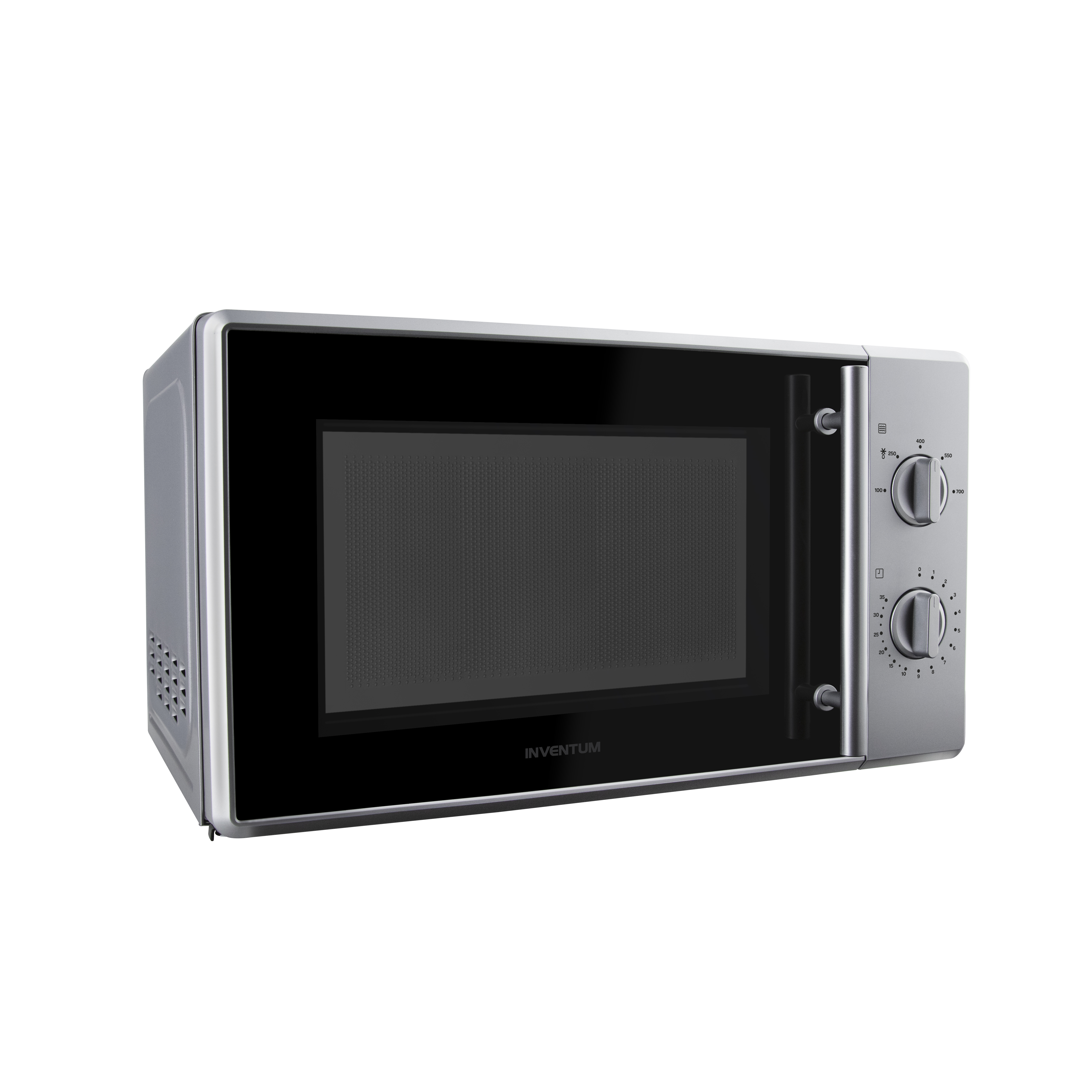 A silver and black Inventum microwave with two control knobs and a dark glass door on a white background.