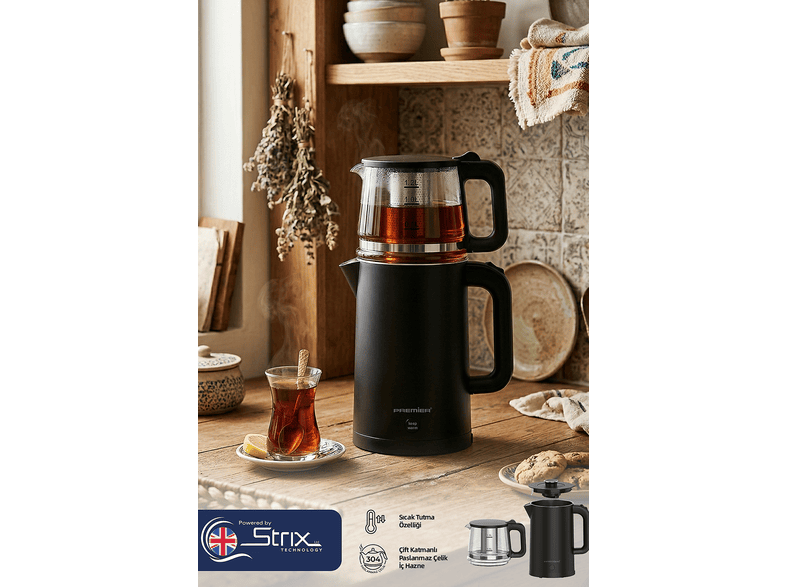 PREMIER PTP 3418 2'si 1 Arada Su Isıtıcı Özellikli – 304 Paslanmaz Çelik, Çift Katmanlı 1700 ml Çay Makinesi Siyah