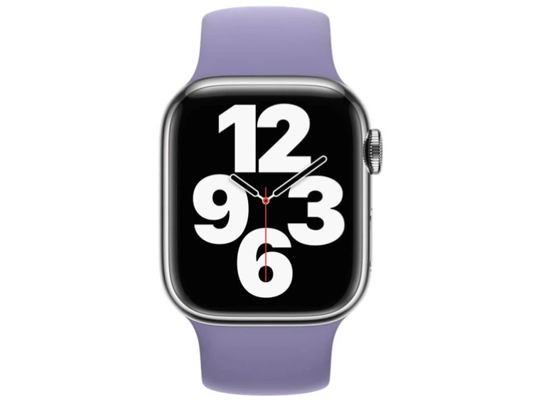 Uno smartwatch argentato con cinturino viola mostra grandi numeri bianchi 12, 3, 6 e 9.