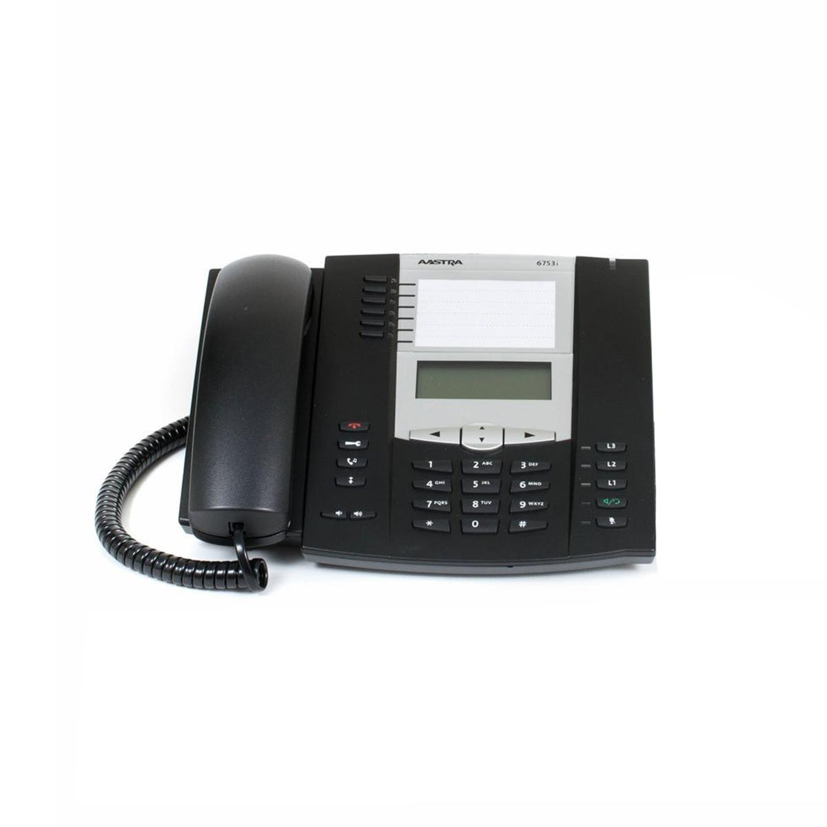 Un telefono da ufficio IP Aastra nero con cavo a spirale, schermo LCD e numerosi pulsanti su sfondo bianco.