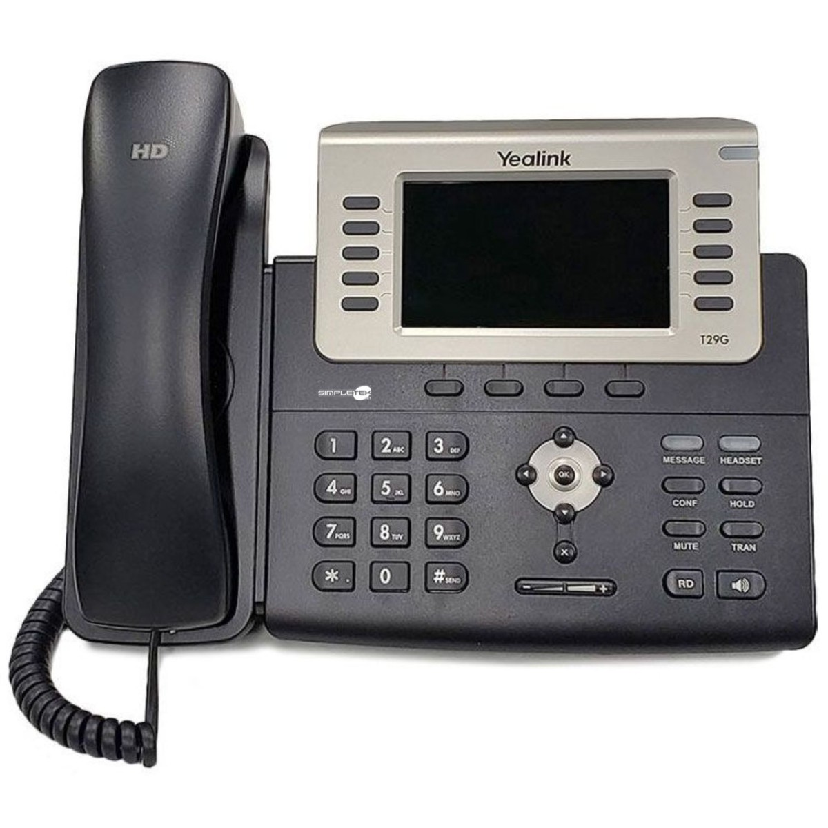 Un telefono IP da ufficcio nero Yealink T29G con schermo, tastierino e cornetta su sfondo bianco.