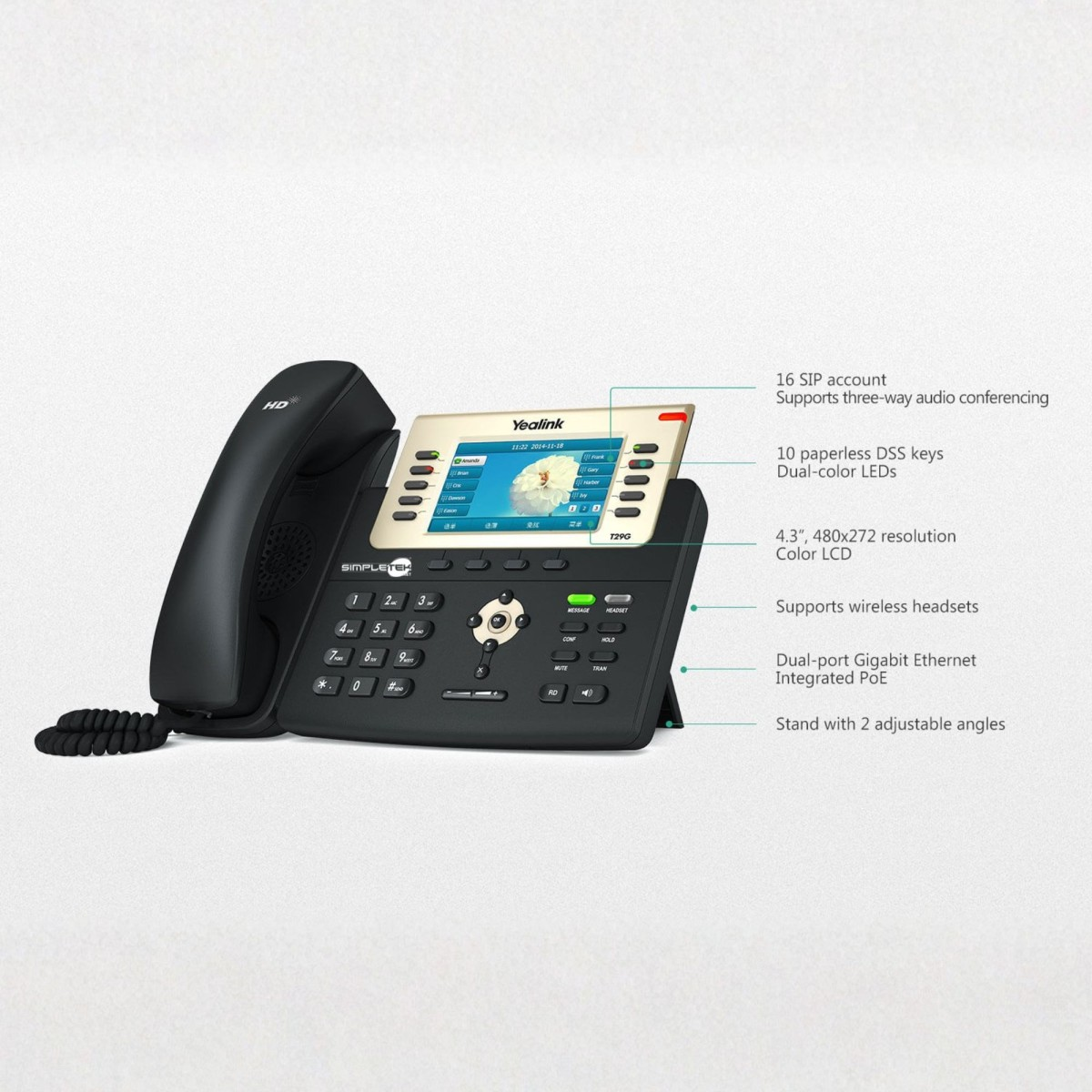 Un telefono IP Yealink nero con display a colori e descrizioni delle funzioni.
