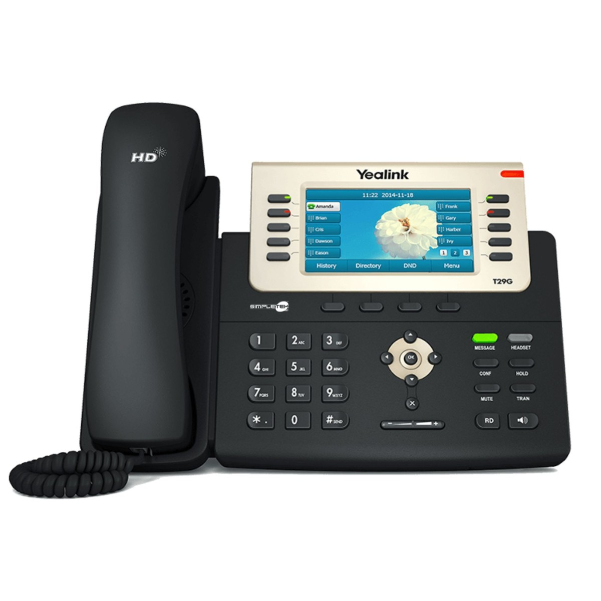 Un telefono IP da ufficio Yealink T29G nero con schermo a colori e cornetta su sfondo bianco.