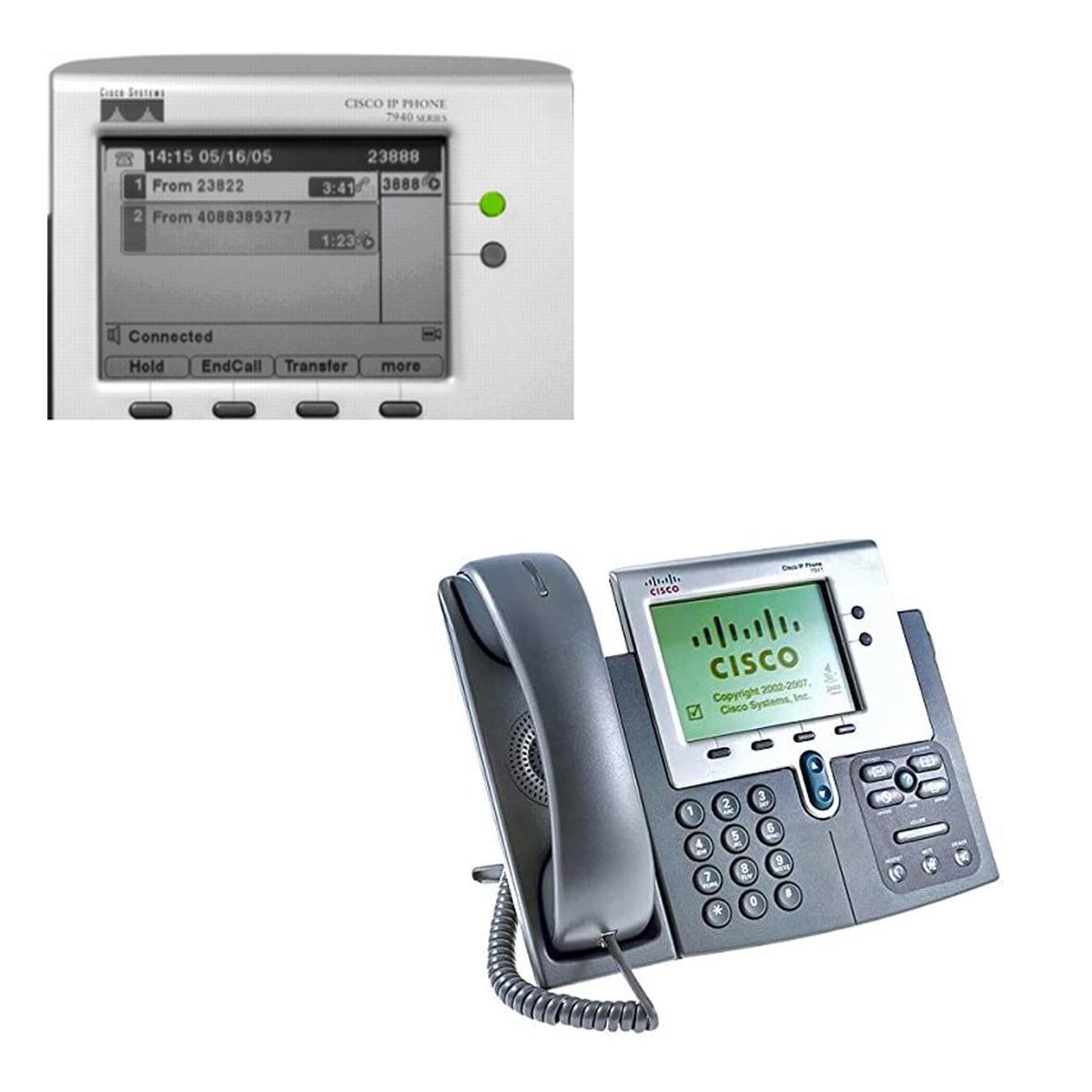 Un telefono IP Cisco grigio con display, tastierino e cornetta su sfondo bianco.