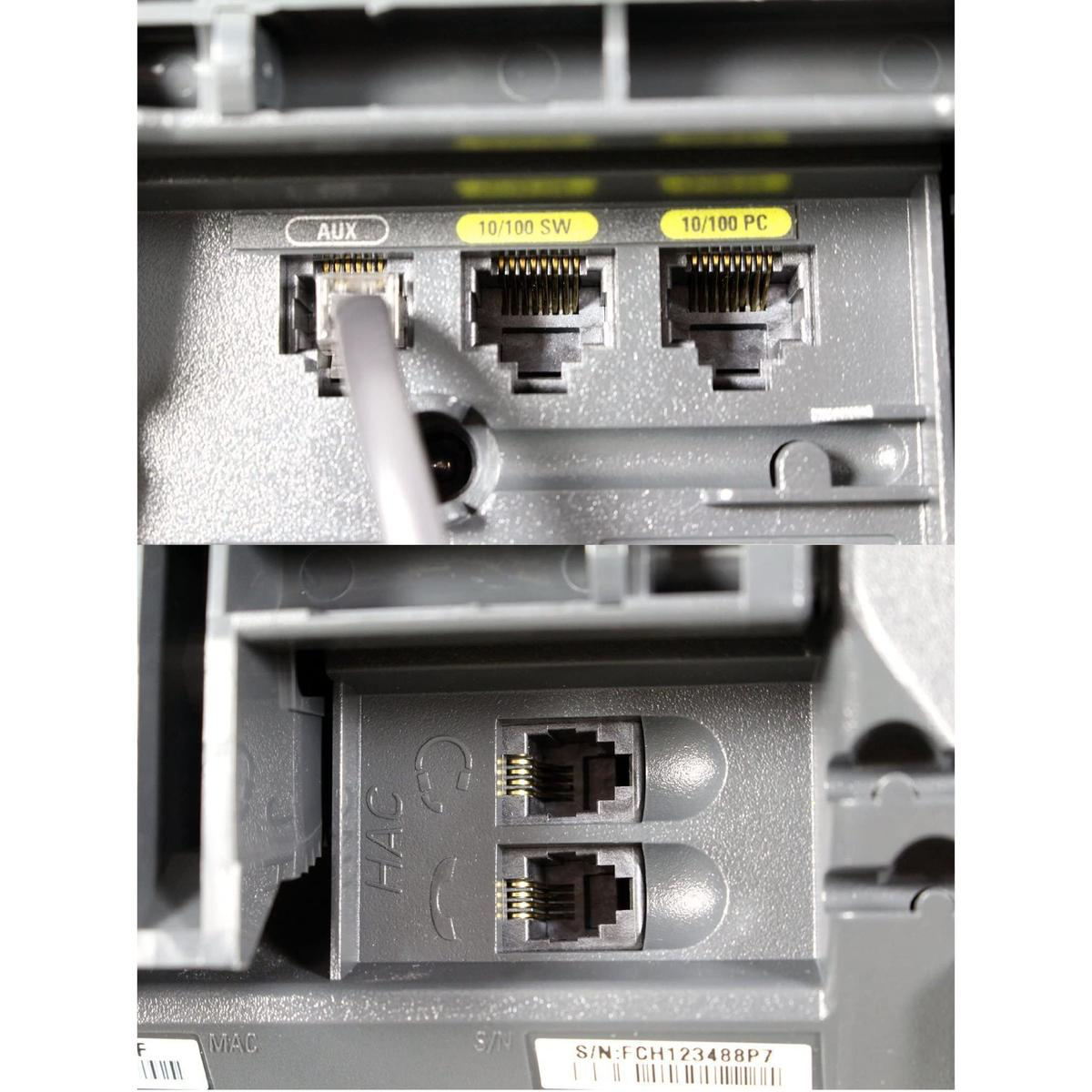 Primo piano delle porte sul retro del dispositivo, inclusi AUX, rete e cuffie.