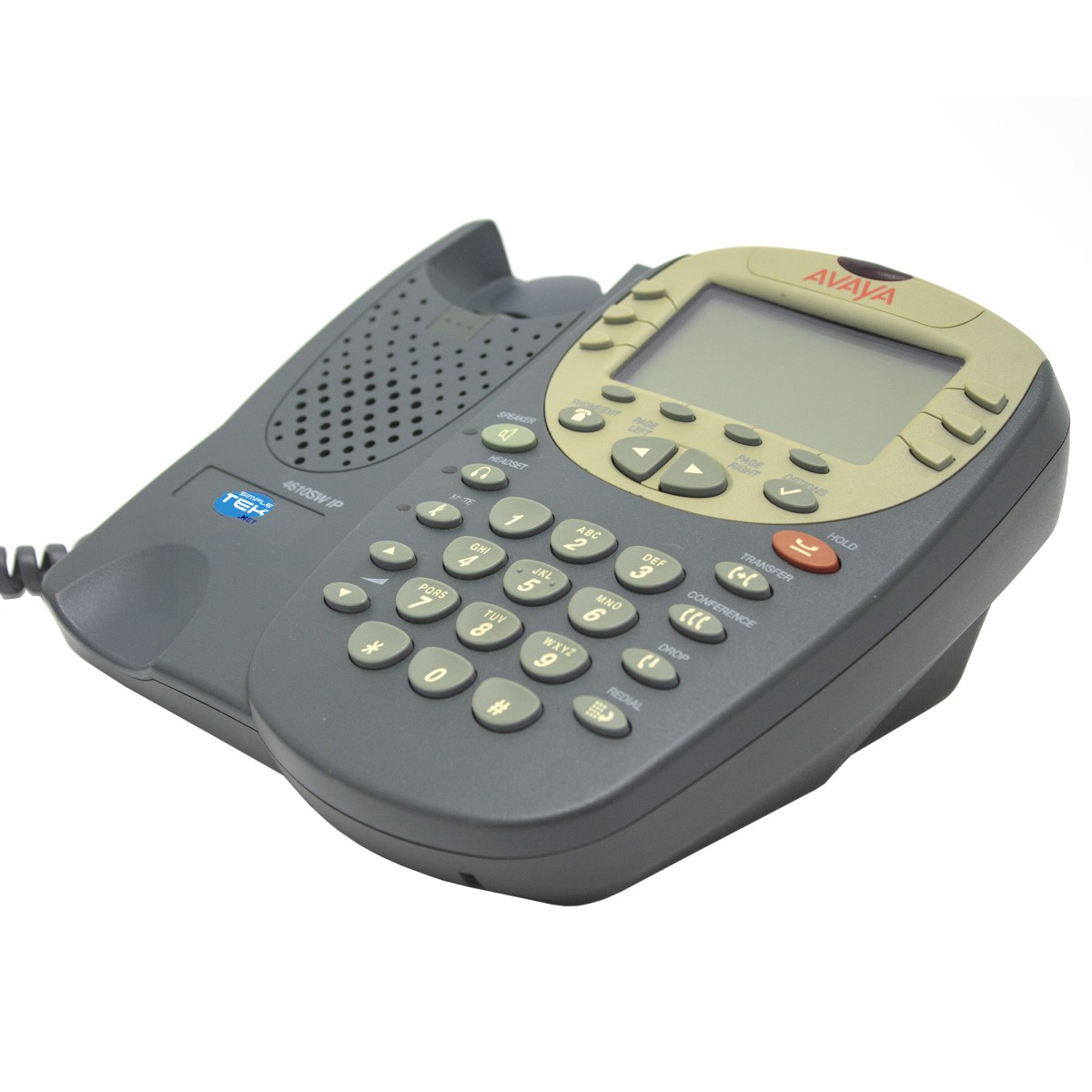 Un telefono da ufficio Avaya IP su sfondo bianco, con schermo, tastiera e cornetta.