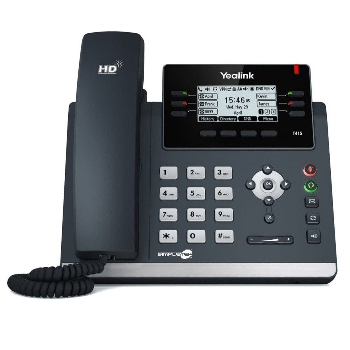 Un telefono IP Yealink nero con schermo LCD, tastierino e ricevitore su sfondo bianco.