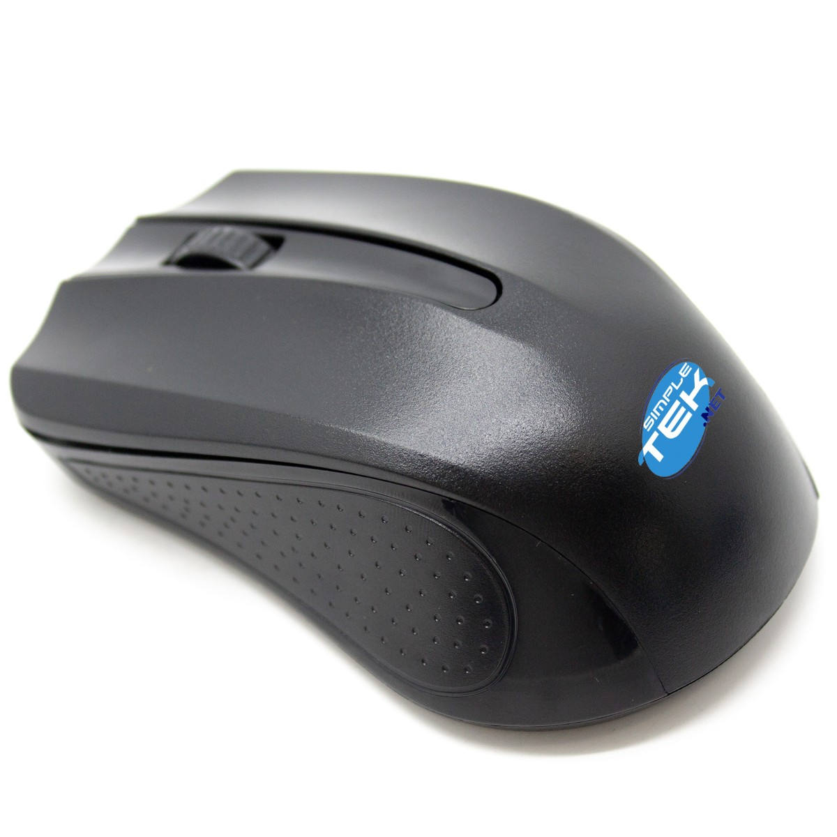 Un mouse per computer wireless nero con un logo blu su sfondo bianco.