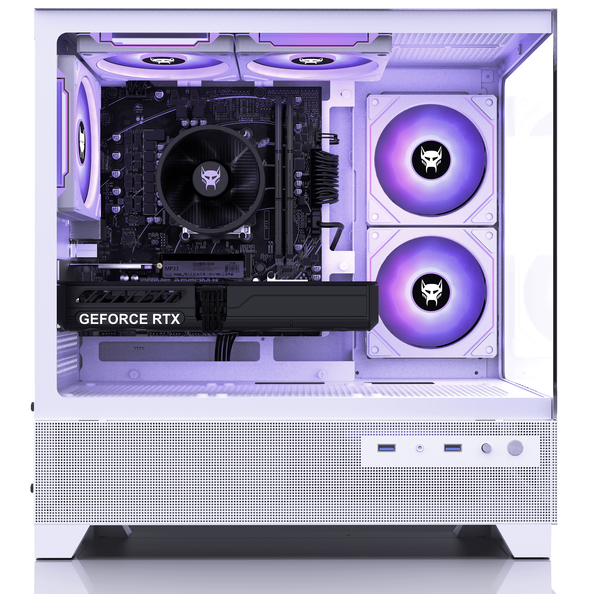 Vista interna di un PC da gioco bianco con ventole viola luminose, scheda madre nera e scheda grafica GeForce RTX.
