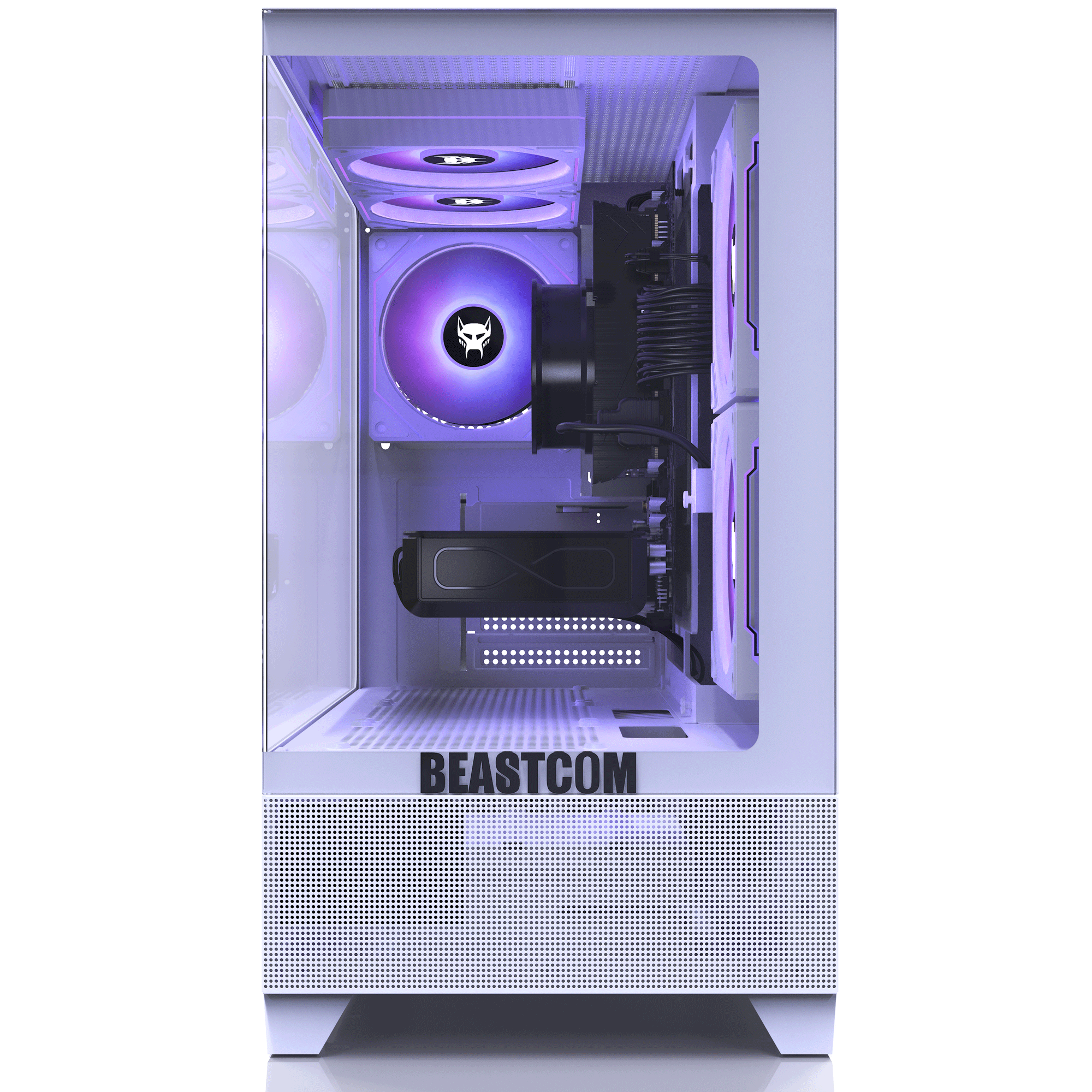 Case per PC Beastcom bianco con lato in vetro, ventole illuminate di viola e componenti installati.