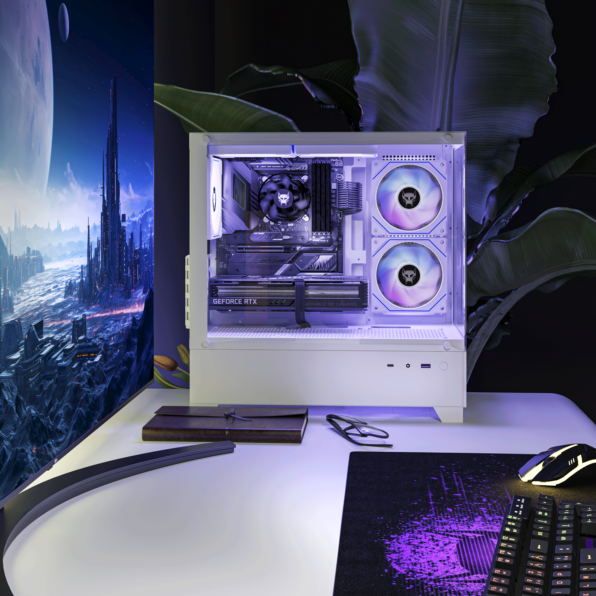 Un PC da gioco bianco con illuminazione blu si trova su una scrivania accanto a un monitor e piante.