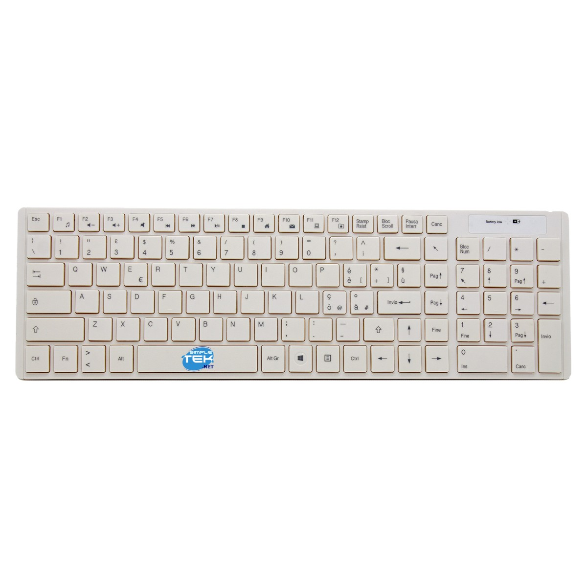 Una tastiera wireless beige con layout italiano e logo sulla barra spaziatrice, vista dall'alto su sfondo bianco.