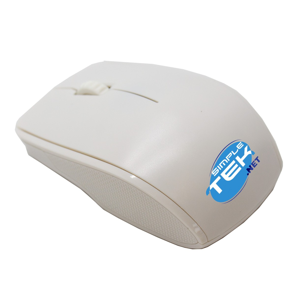 Un mouse per computer bianco con un logo blu sul lato, isolato su sfondo bianco.