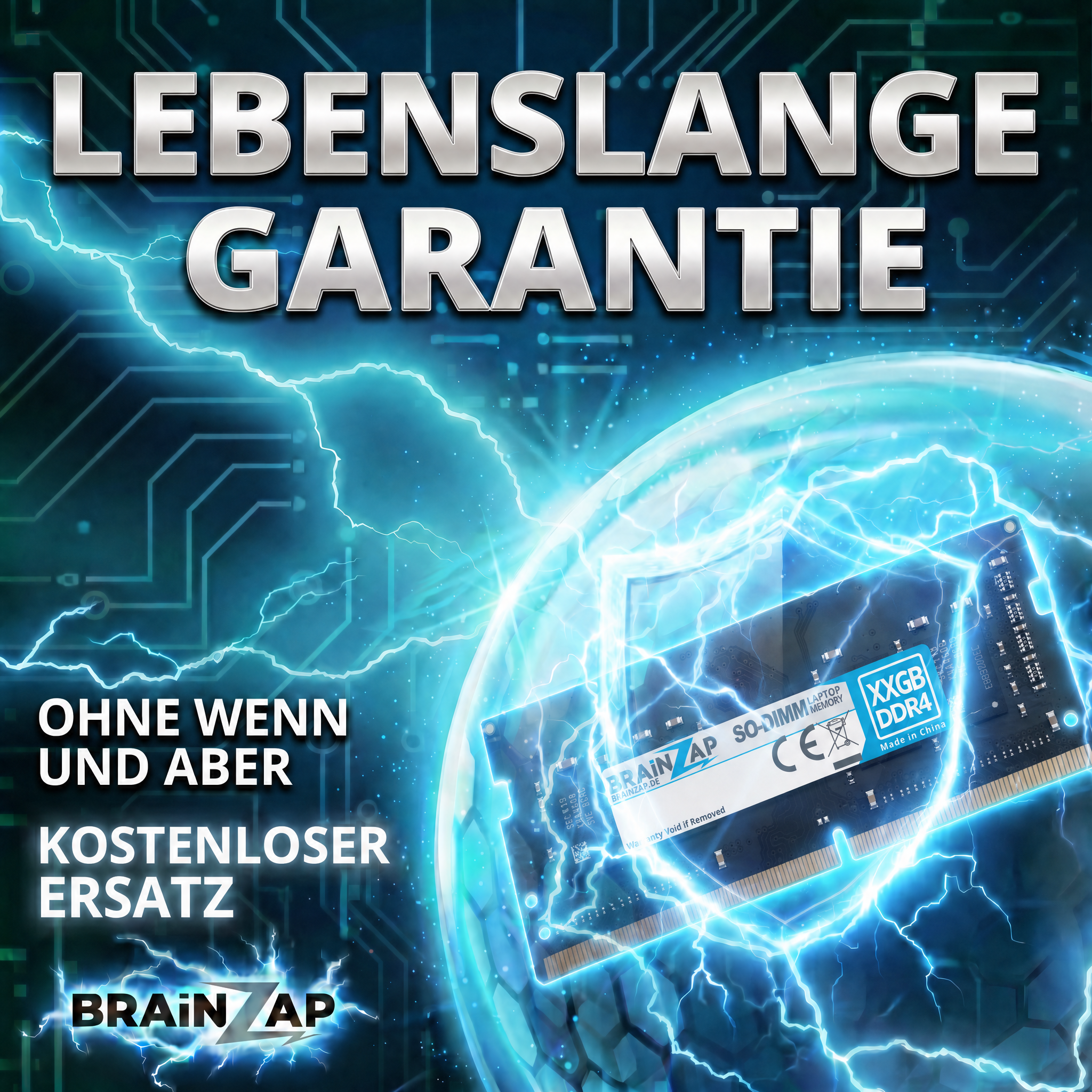 RAM-Speicherbaustein umgeben von elektrischen Blitzen und Text zur lebenslangen Garantie vor blauem Hintergrund.