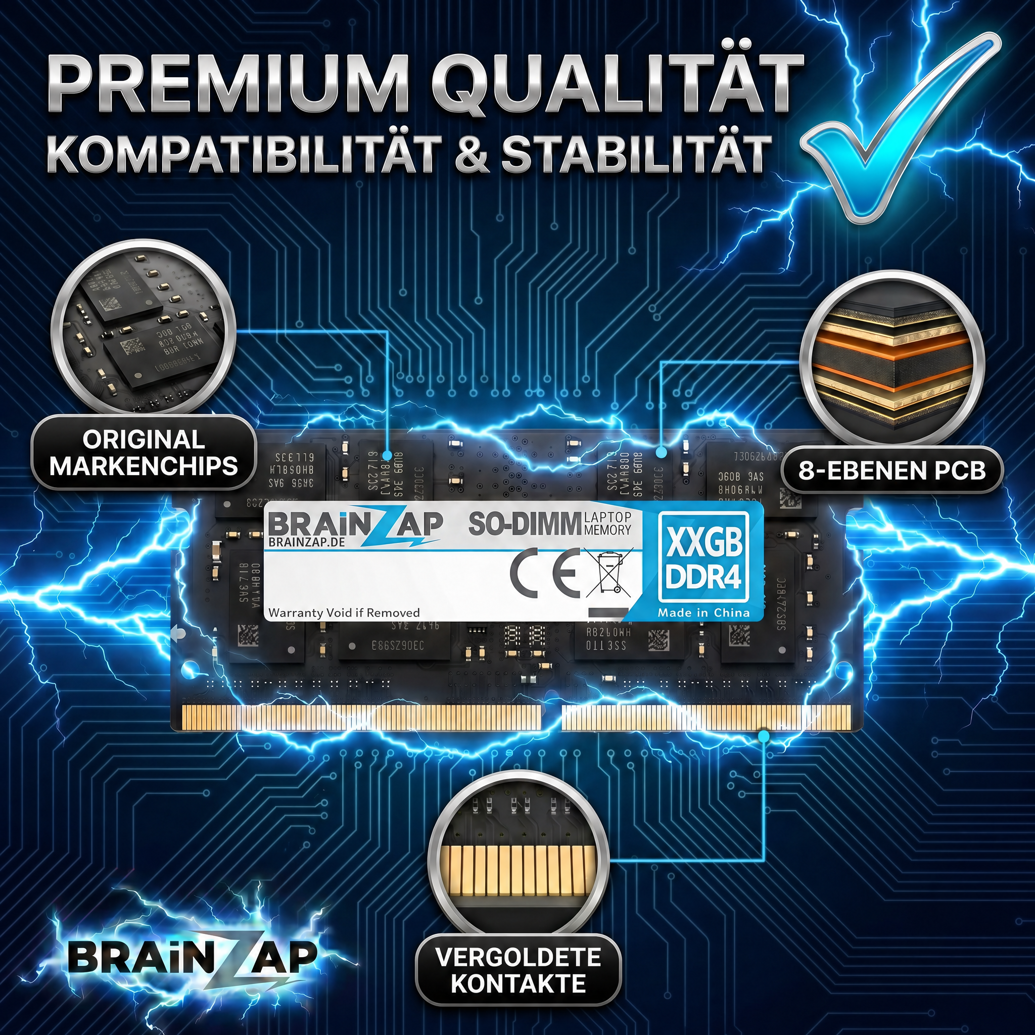 Laptop-RAM auf blauem Leiterplatten-Hintergrund mit elektrischen Blitzen, Markenchips und vergoldeten Kontakten.