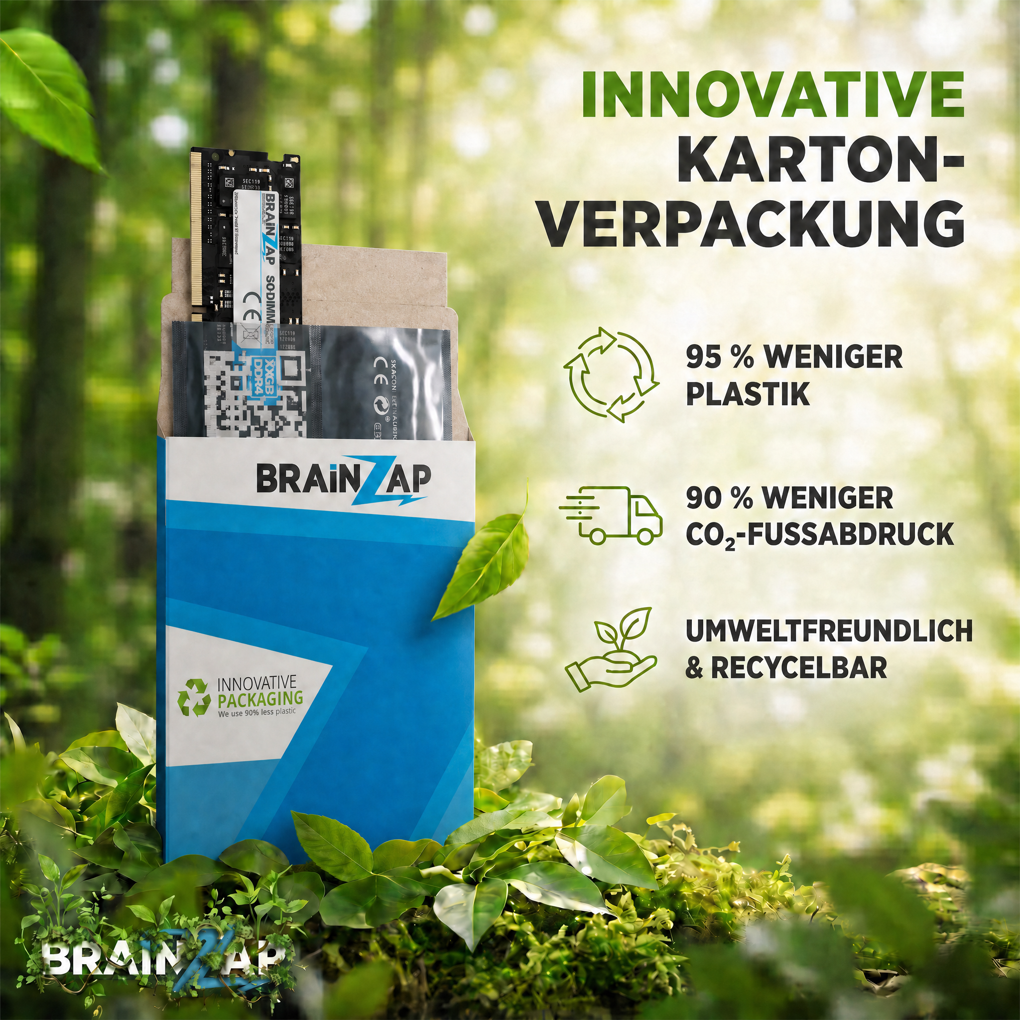 Innovative Kartonverpackung für RAM-Riegel in einem grünen Wald mit Recycling-Symbolen.