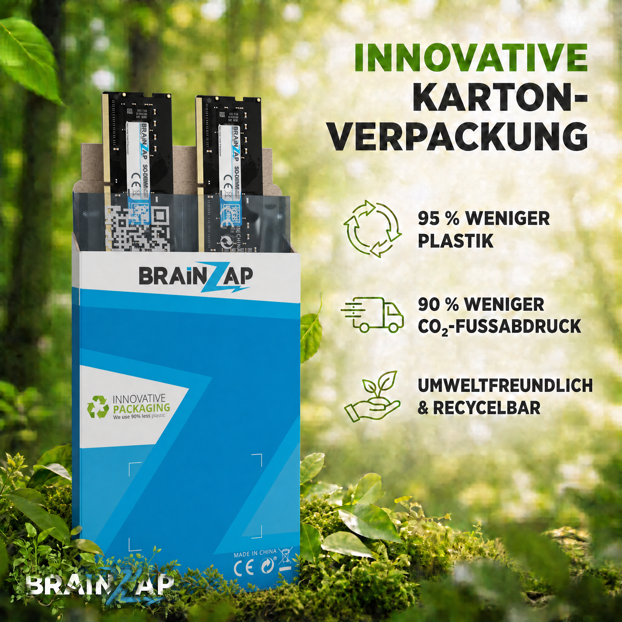 Zwei RAM-Riegel in umweltfreundlicher blauer und weißer Pappverpackung vor grünem Hintergrund mit Text.