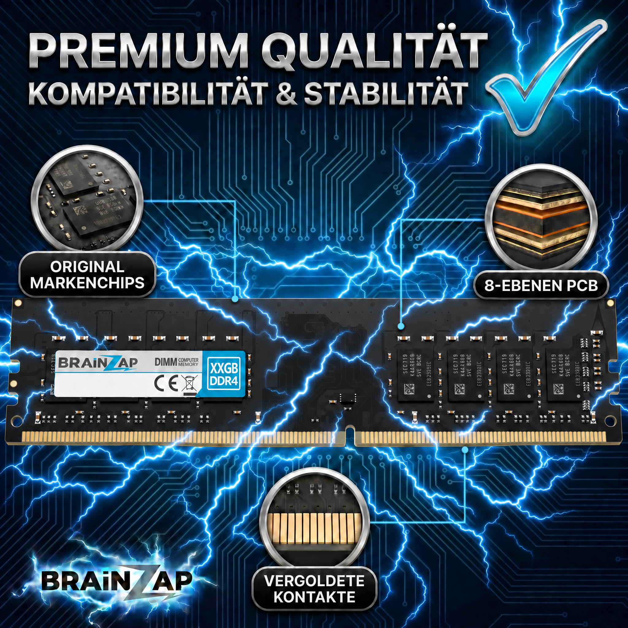 DDR4 RAM-Speicher mit Markenchips, 8-Ebenen-PCB und vergoldeten Kontakten vor blauem Strom-Hintergrund.