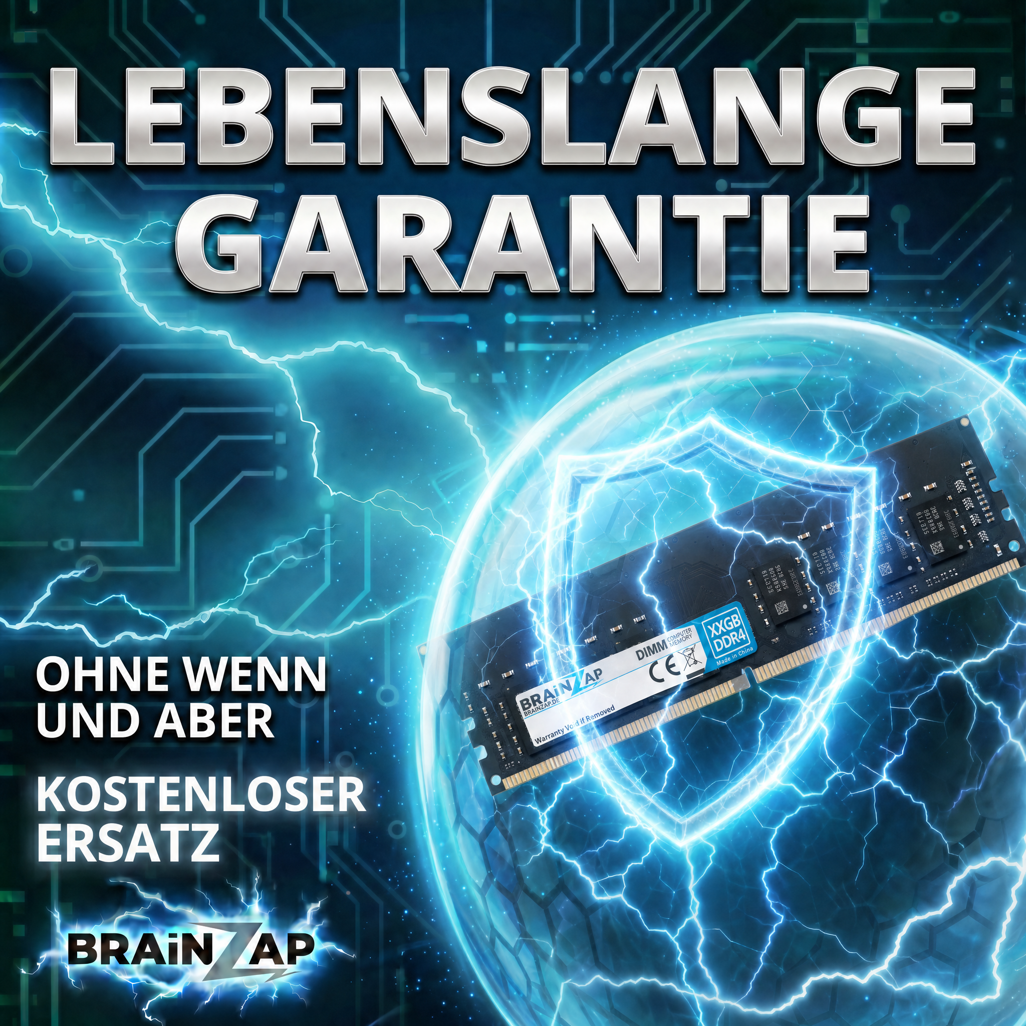 RAM-Speicher im blauen Blitzfeld mit dem Text LEBENSLANGE GARANTIE und BRAINZAP.