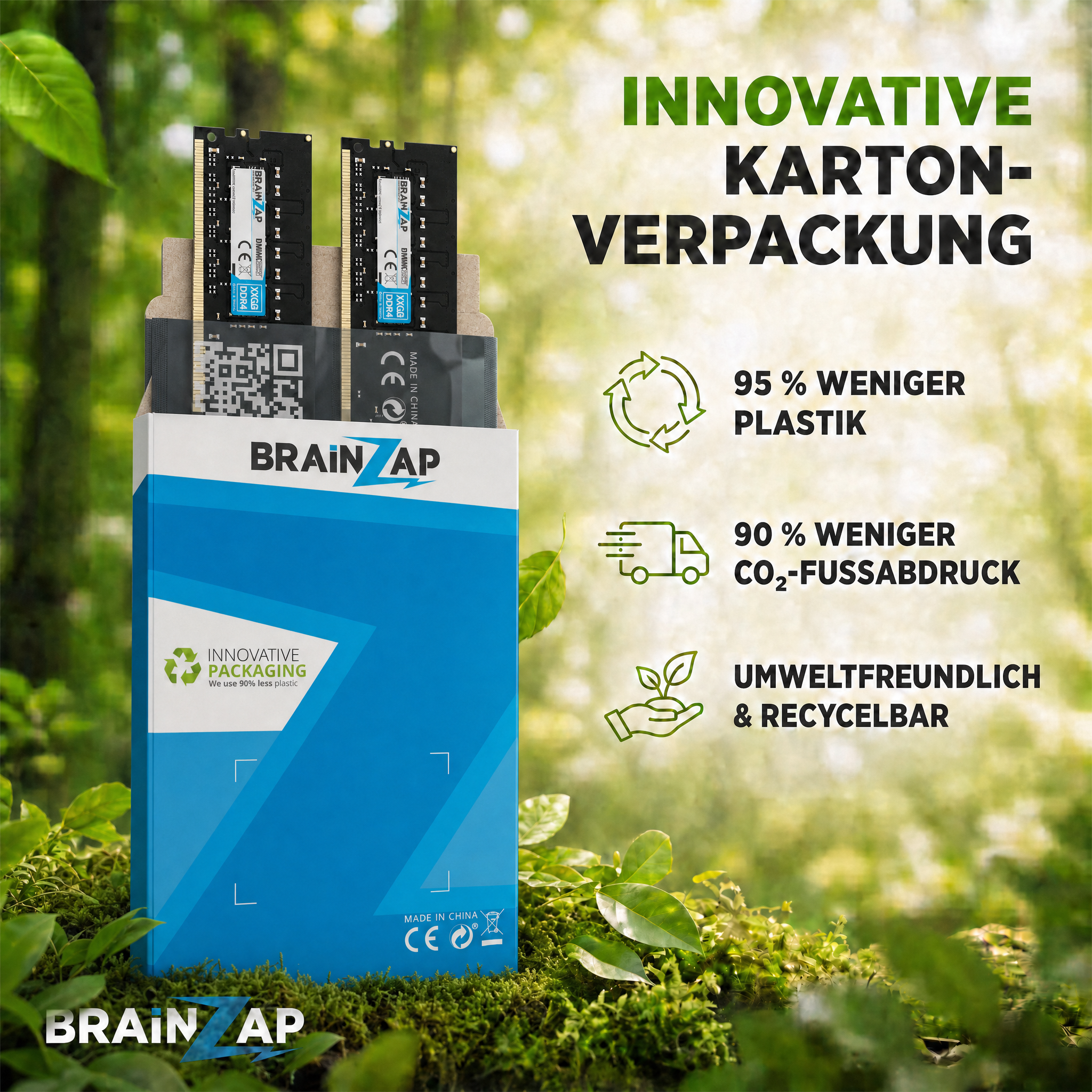 Geöffnete Brainzap-Kartonverpackung mit RAM-Riegeln auf Moos im Wald vor verschwommenem Grün.