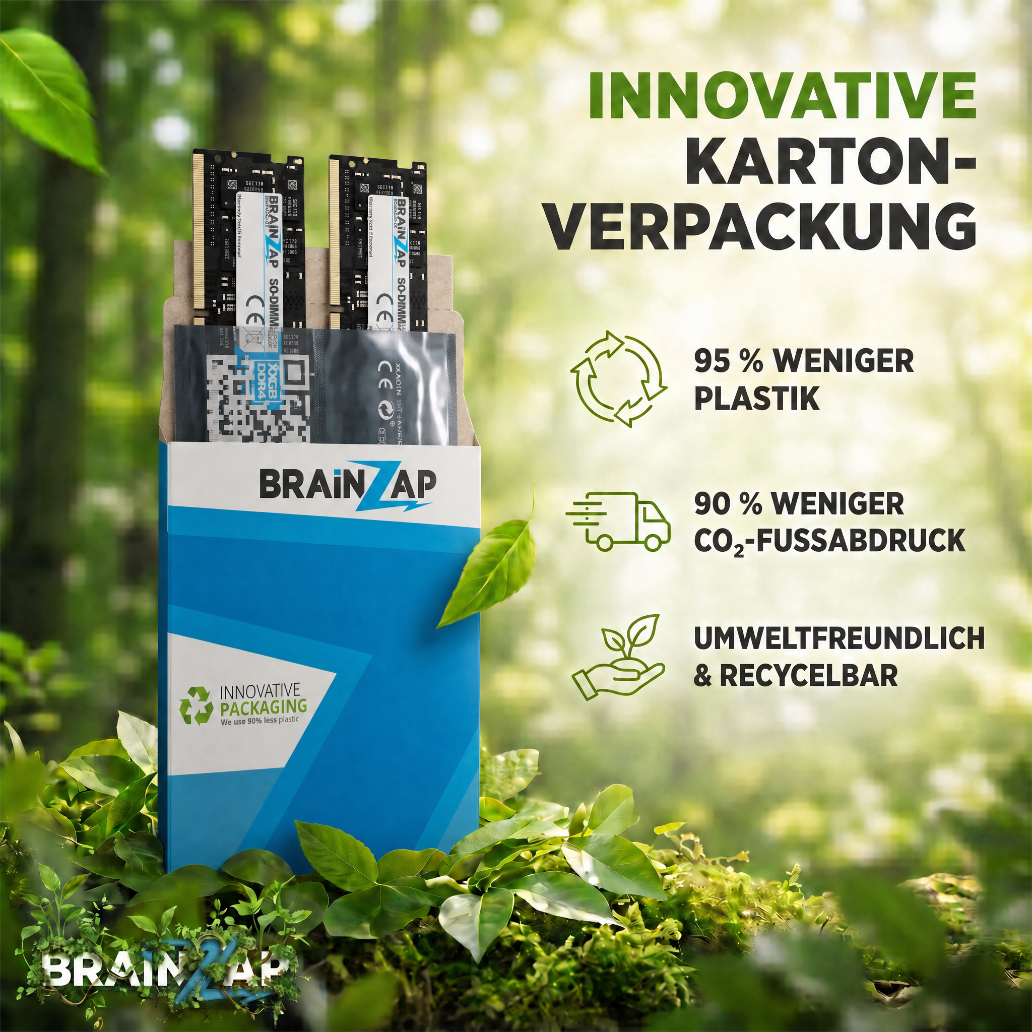 BrainZap RAM-Riegel in innovativer Kartonverpackung vor grünem Hintergrund mit umweltfreundlichen Icons.