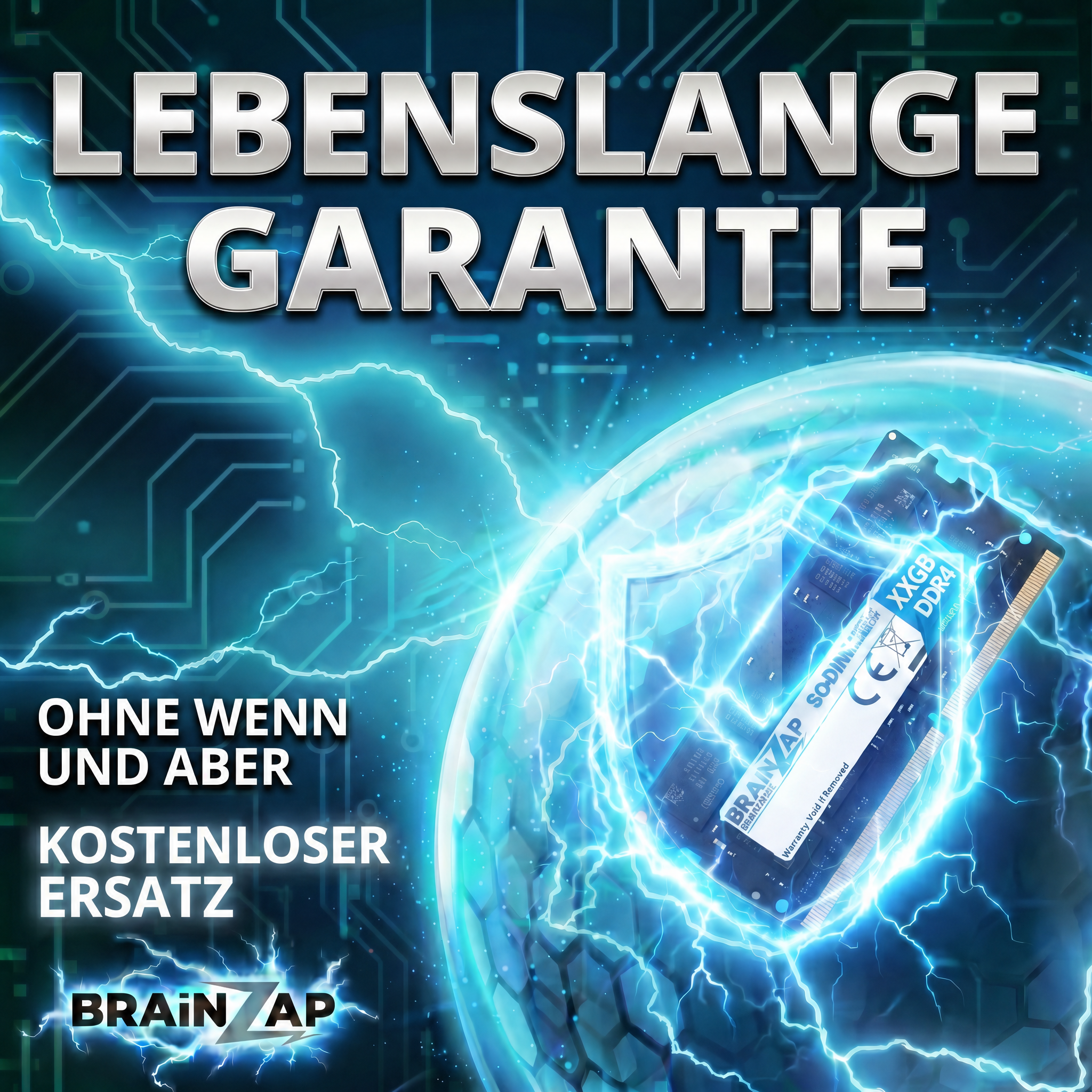 Blaue Grafik mit RAM-Speicher, Blitzen und Text: Lebenslange Garantie.