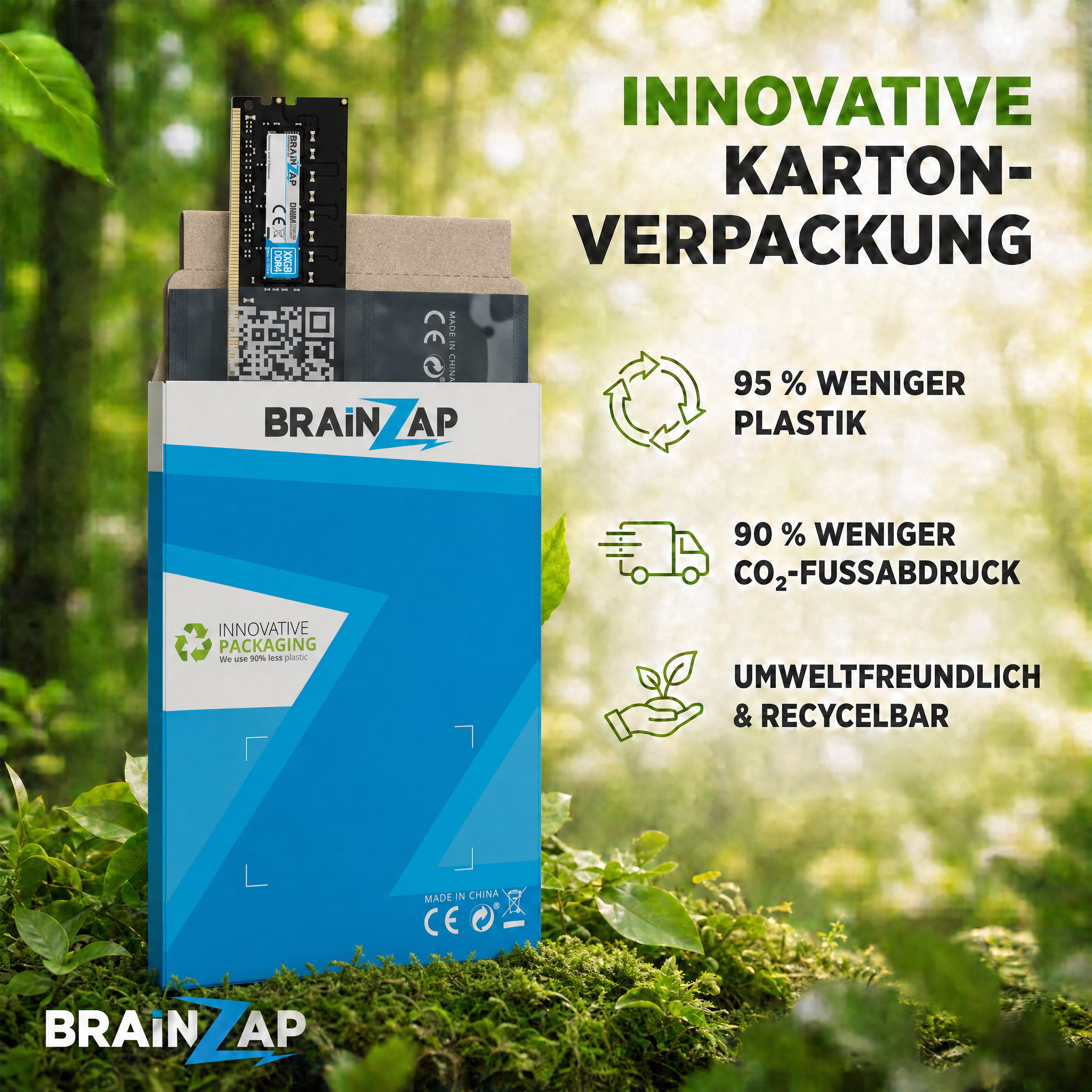 Innovative Pappverpackung für RAM im Wald mit Nachhaltigkeitsicons und Text.