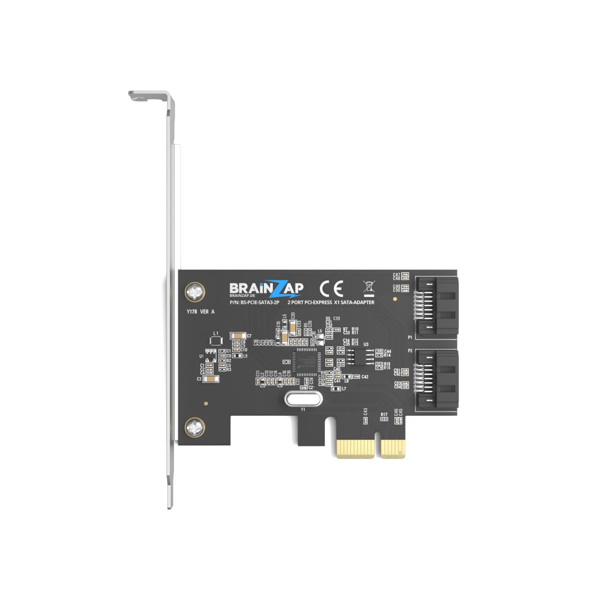 Eine schwarze PCIe-SATA-Adapterkarte mit zwei Anschlüssen und goldenen Kontakten.