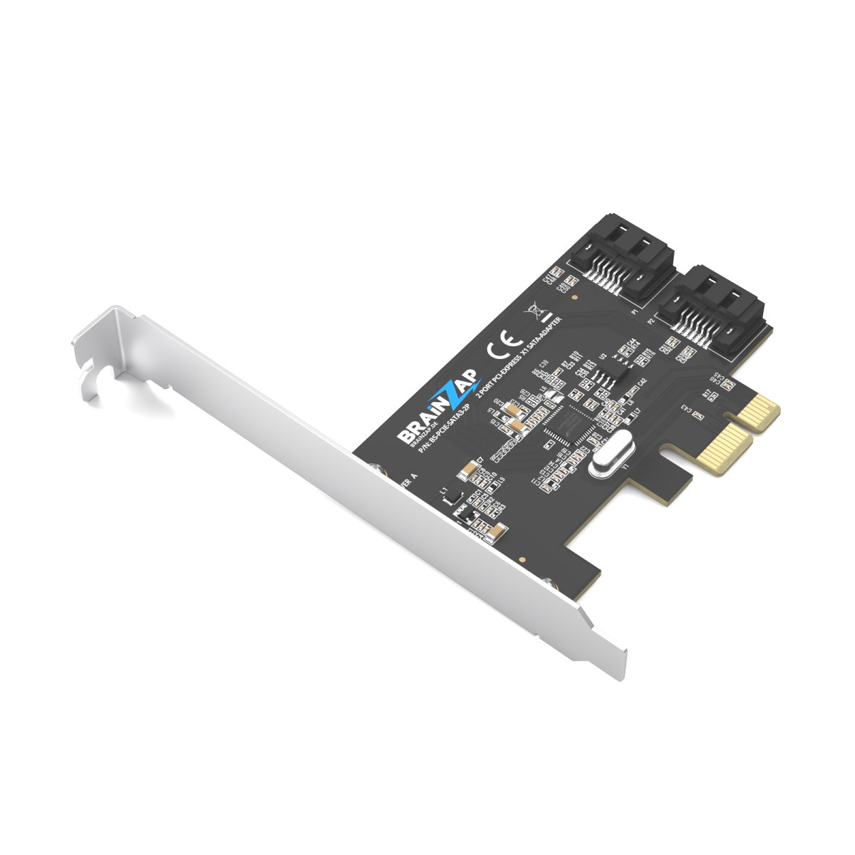 Eine schwarze PCIe SATA-Adapterkarte mit silberner Blende und zwei SATA-Anschlüssen vor weißem Hintergrund.