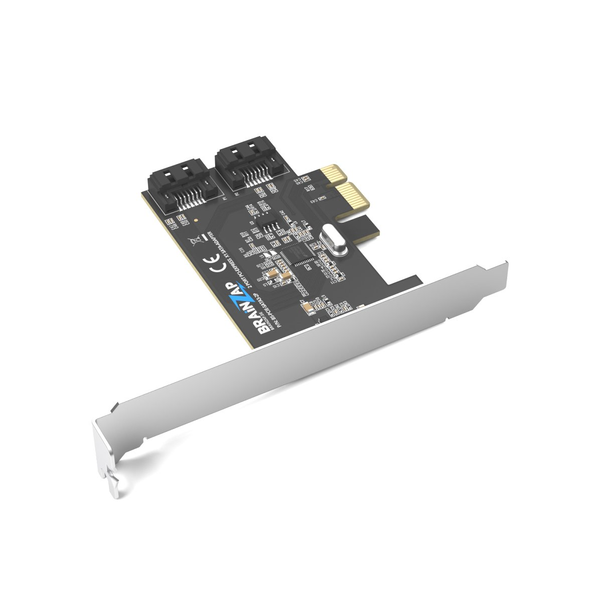 Eine schwarze PCIe-SATA-Erweiterungskarte mit zwei Anschlüssen und einer Metallblende auf weißem Hintergrund.