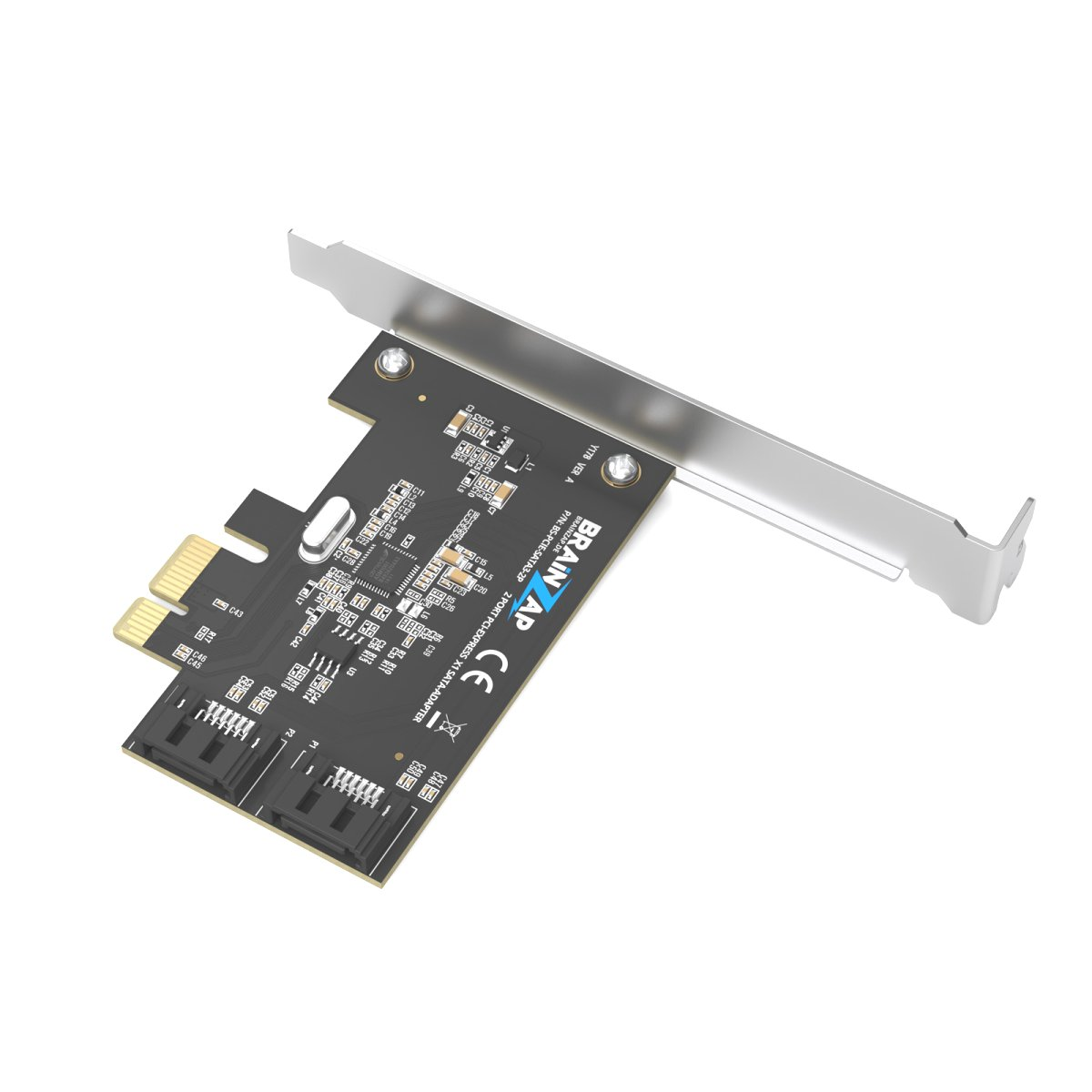 Schwarze PCIe-SATA-Adapterkarte mit Metallhalterung auf weißem Hintergrund.