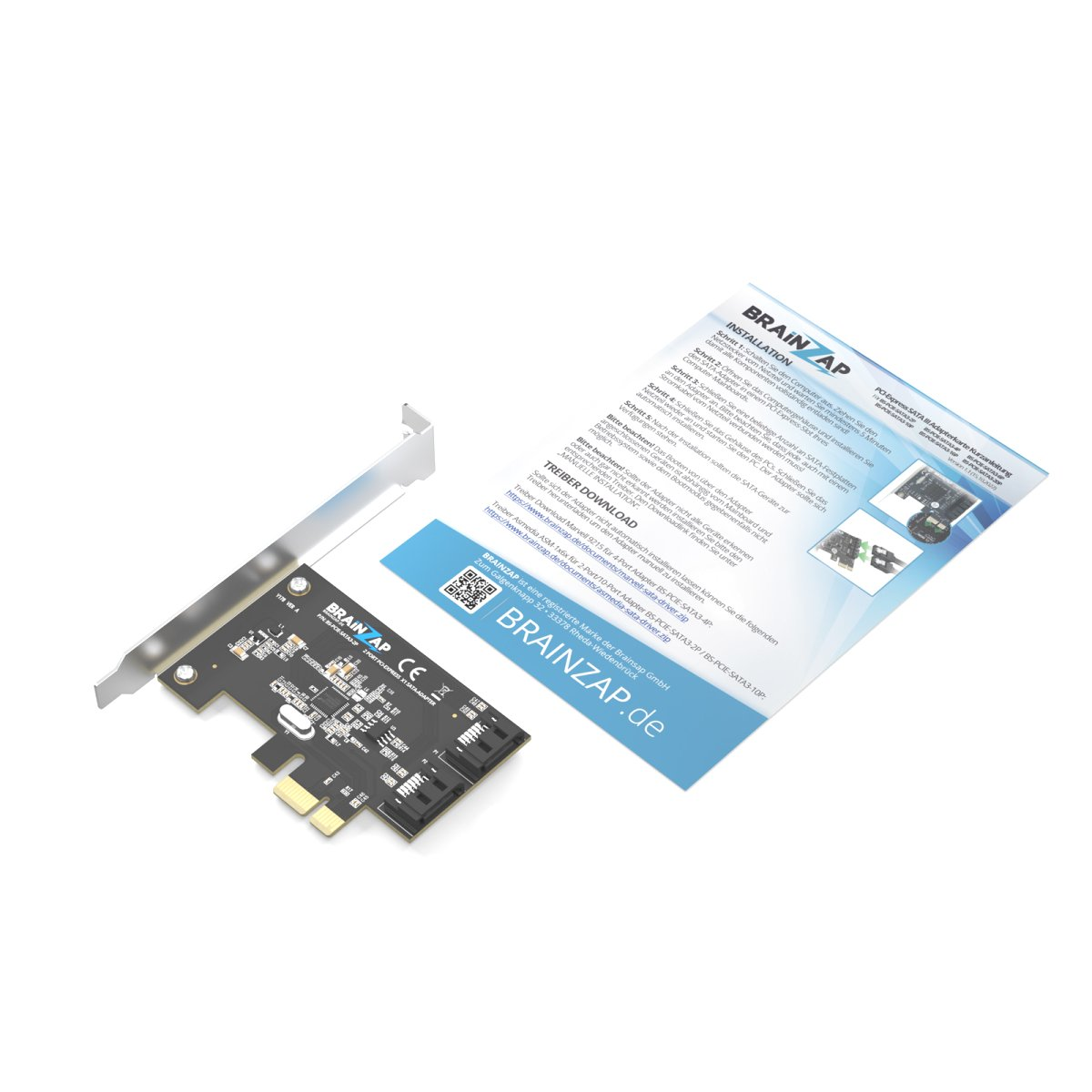 Ein Brainzap PCIe SATA Adapter mit Metallblende und Installationsanleitung auf weißem Hintergrund.