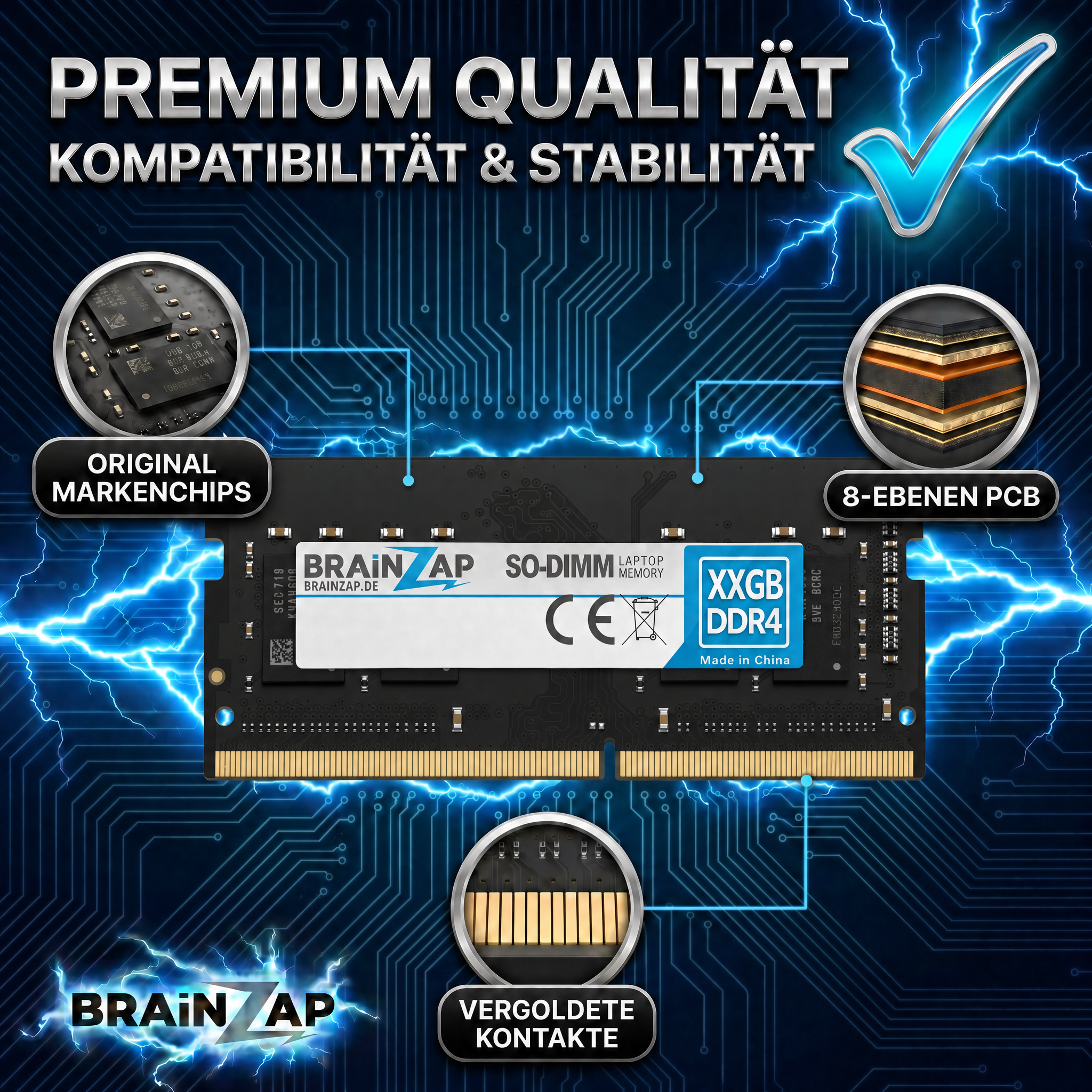 Laptop-Arbeitsspeicher (SO-DIMM DDR4) mit Markenchips und vergoldeten Kontakten vor blauem Stromkreis-Hintergrund.