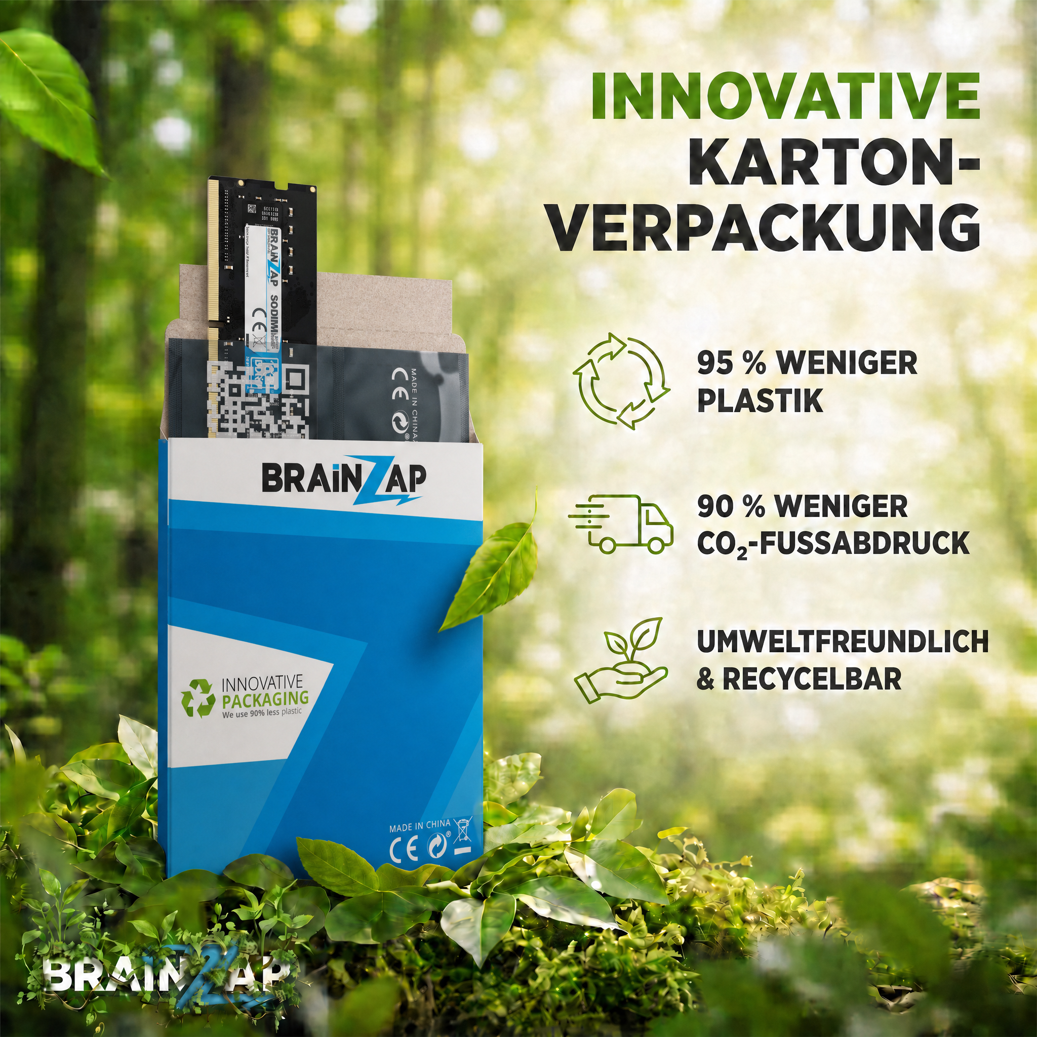 Innovative Pappverpackung für RAM im Wald, umweltfreundlich mit weniger Plastik.