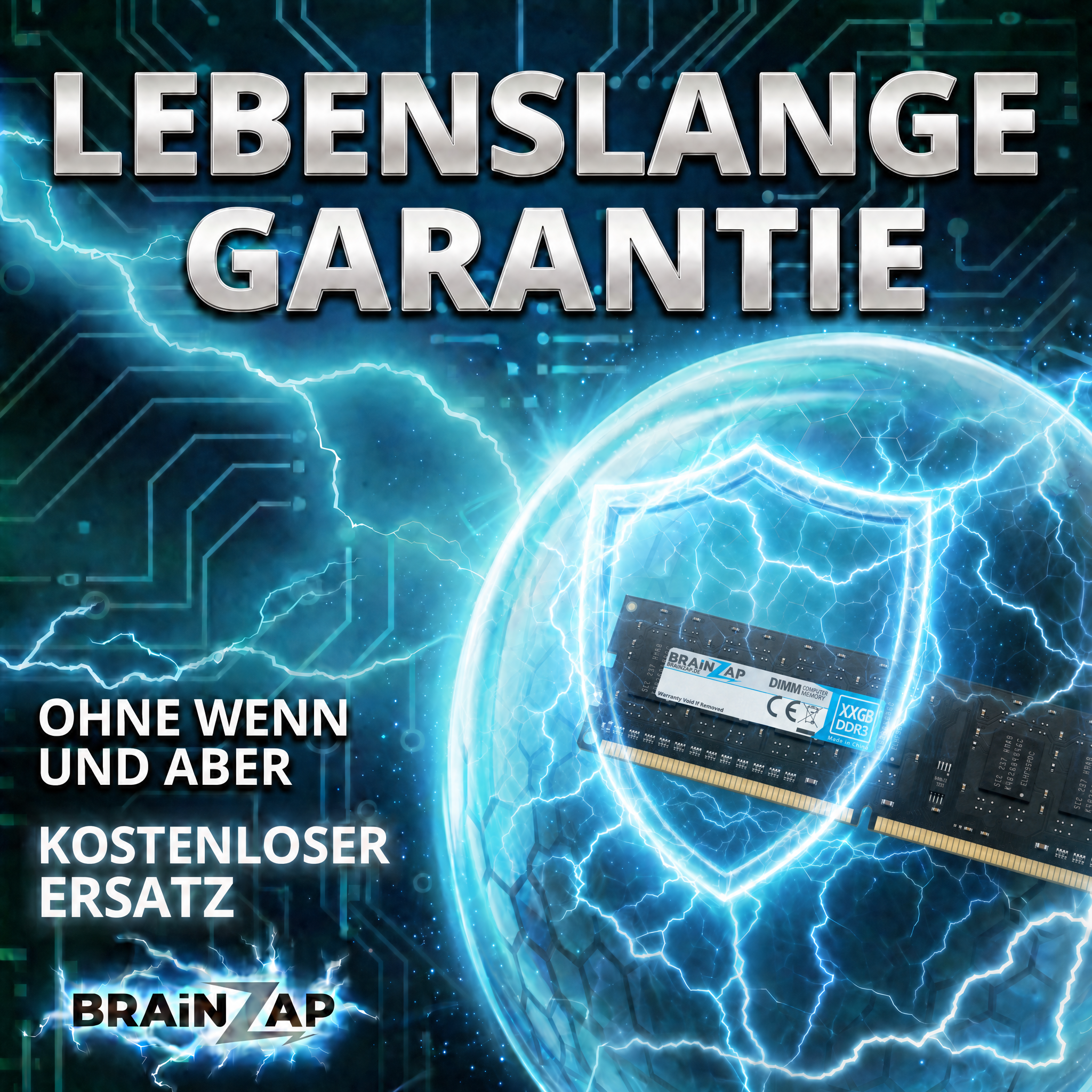 RAM-Modul geschützt durch Energieschild auf blauem Platinen-Hintergrund mit Garantietext.