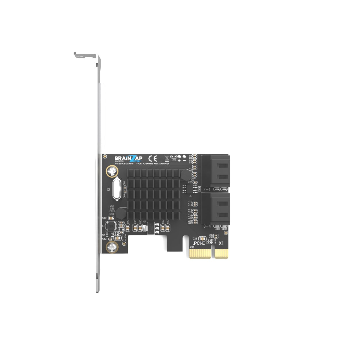 Schwarze PCIe-SATA-Adapterkarte mit Kühlkörper und vier Anschlüssen.
