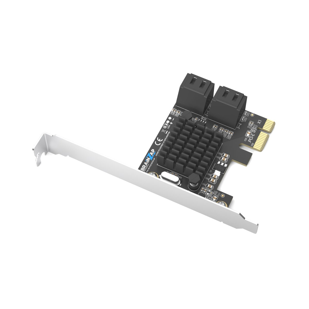 Eine schwarze PCIe-SATA-Adapterkarte mit Kühlkörper und silberner Halterung auf weiβem Hintergrund.