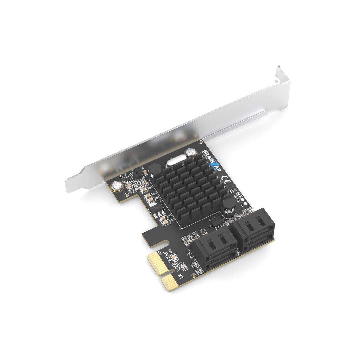 Eine schwarze PCIe-Erweiterungskarte mit schwarzem Kühlkörper und zwei SATA-Ports an Metallhalterung vor weißem Hintergrund.