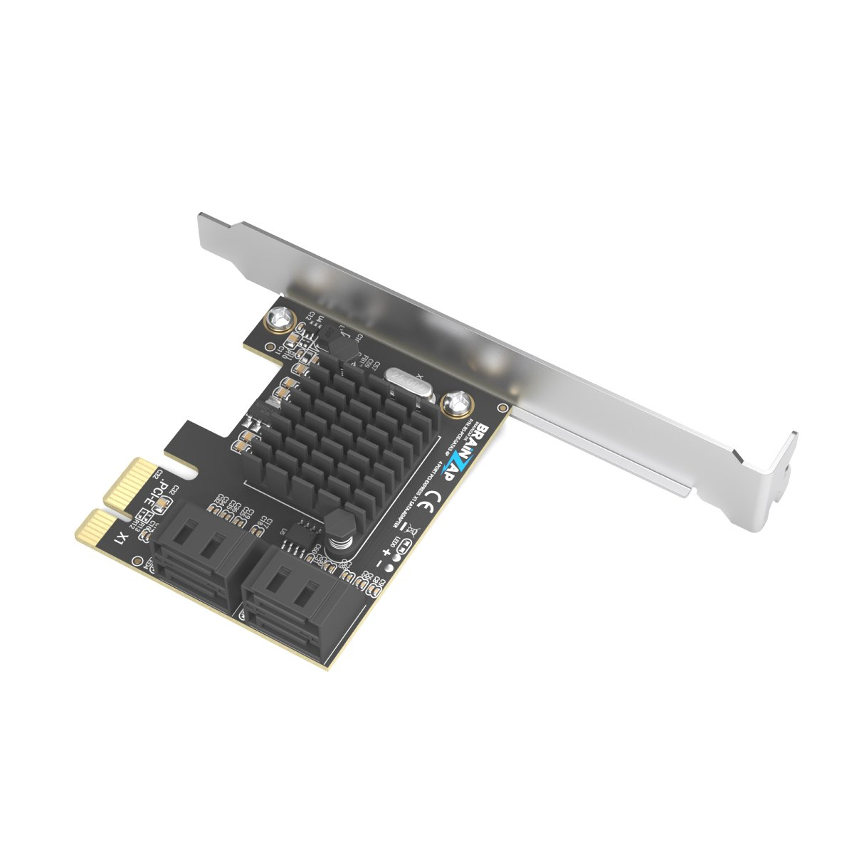 Ein schwarzer PCI-Express-zu-SATA-Adapter mit silbernem Kühlkörper und Halterung.