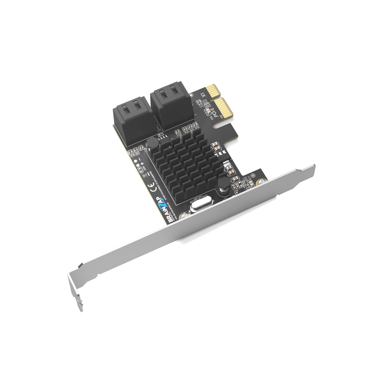 Schwarze PCIe-SATA-Erweiterungskarte mit Kühlkörper und zwei Anschlüssen auf weißem Grund.