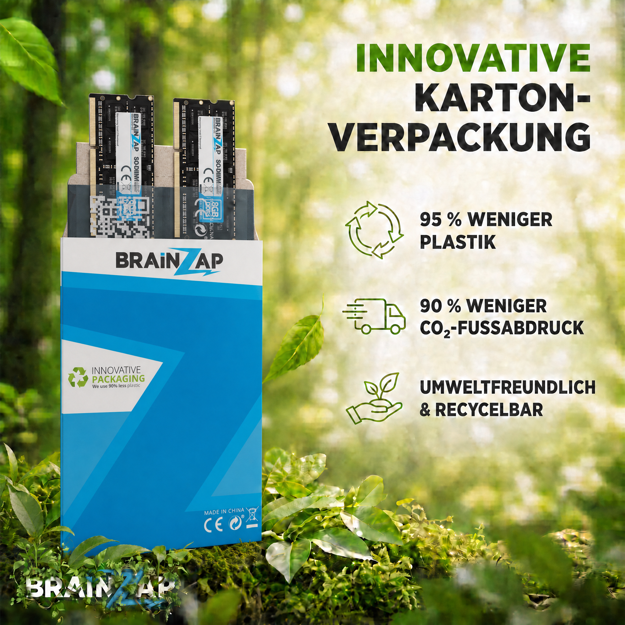 BrainZap RAM-Riegel in umweltfreundlicher Kartonverpackung vor grünem Waldbackground mit Nachhaltigkeitsmerkmalen.