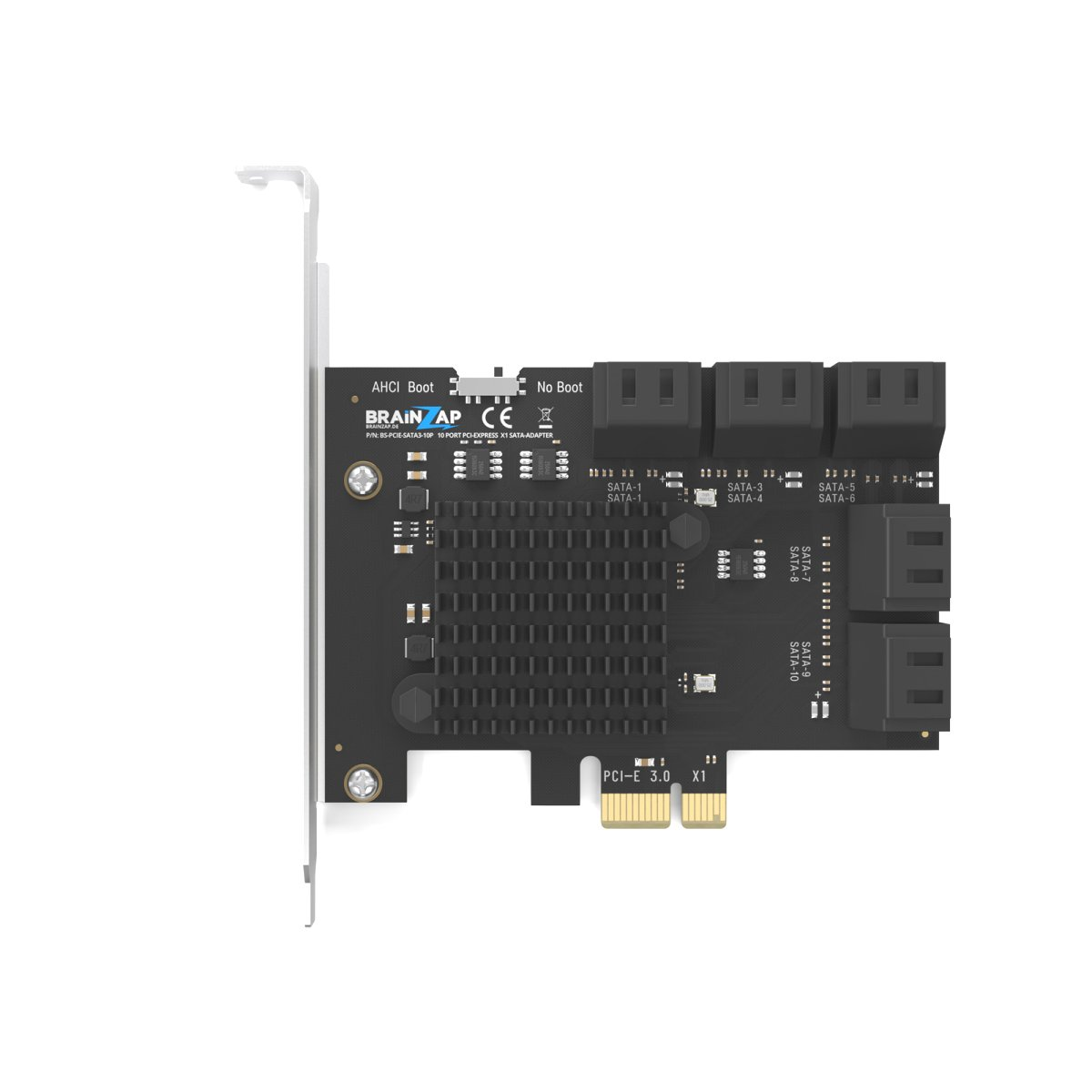 Schwarze PCIe-SATA-Erweiterungskarte mit zehn SATA-Ports, Kühlkörper und Metallhalterung auf weißem Hintergrund.