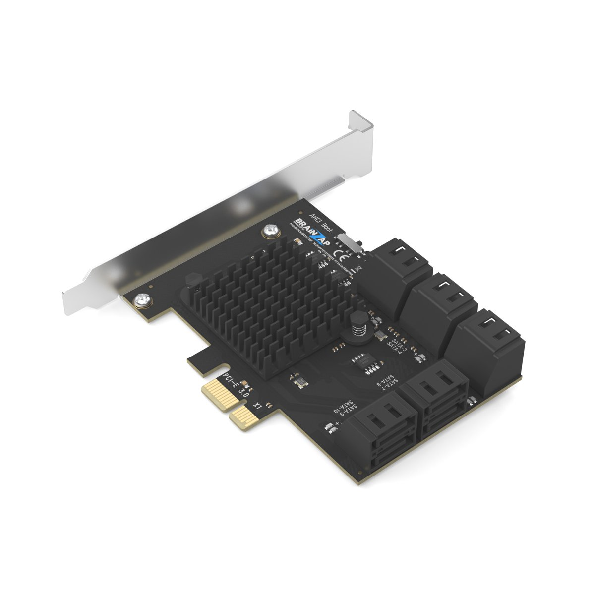 Eine schwarze PCIe-SATA-Erweiterungskarte mit Metallhalterung, Kühlkörper und mehreren SATA-Anschlüssen.
