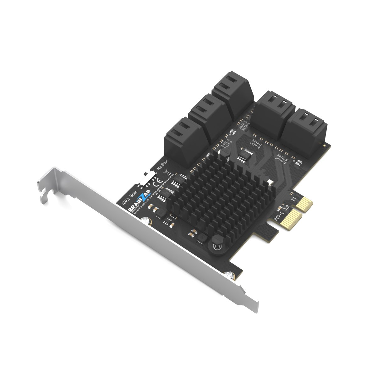 Schwarze PCIe SATA-Erweiterungskarte mit Kühlkörper, mehreren Ports und einer silbernen Metallhalterung auf weißem Grund.