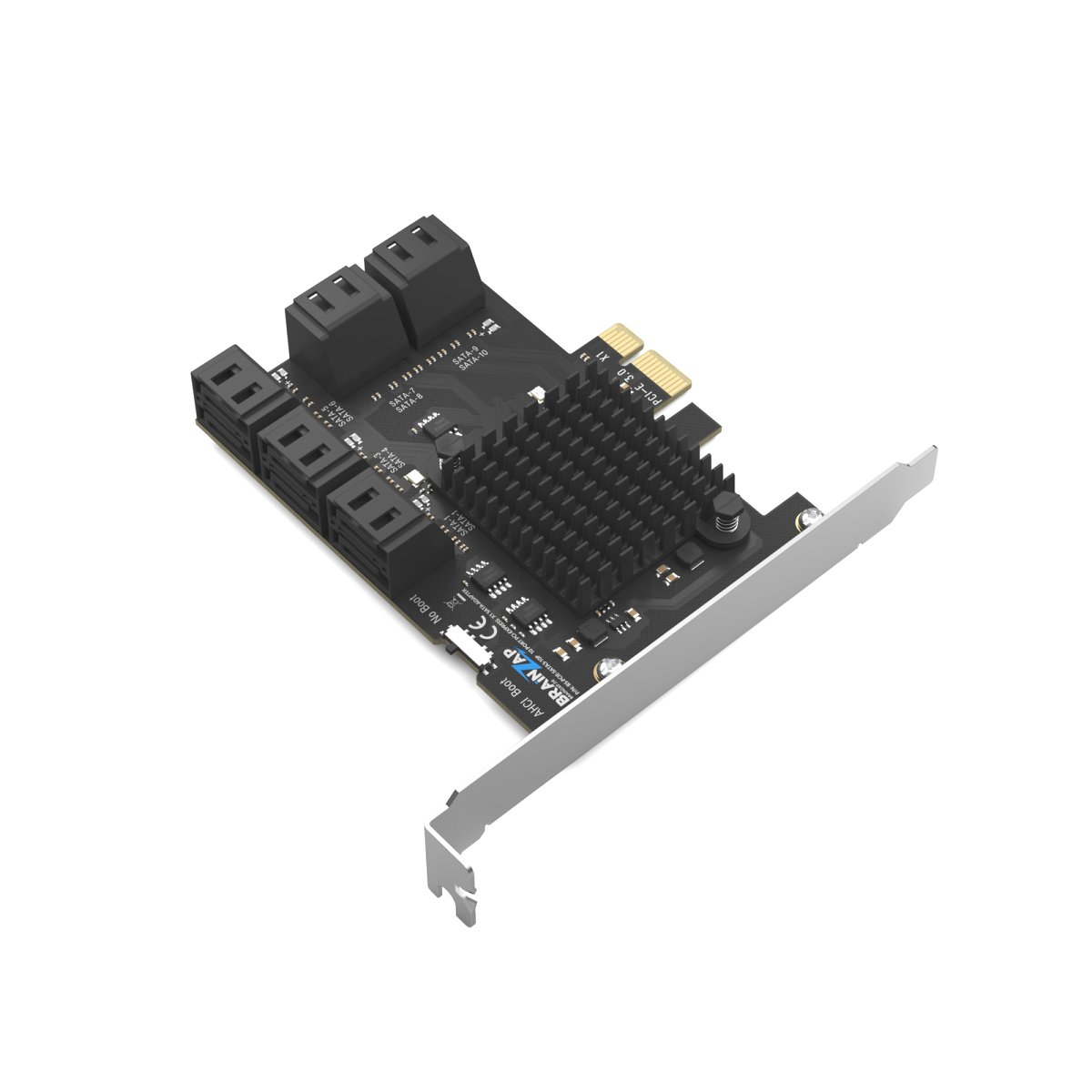 Schwarze PCIe SATA-Erweiterungskarte mit Kühlkörper und mehreren Anschlüssen auf weißem Hintergrund.